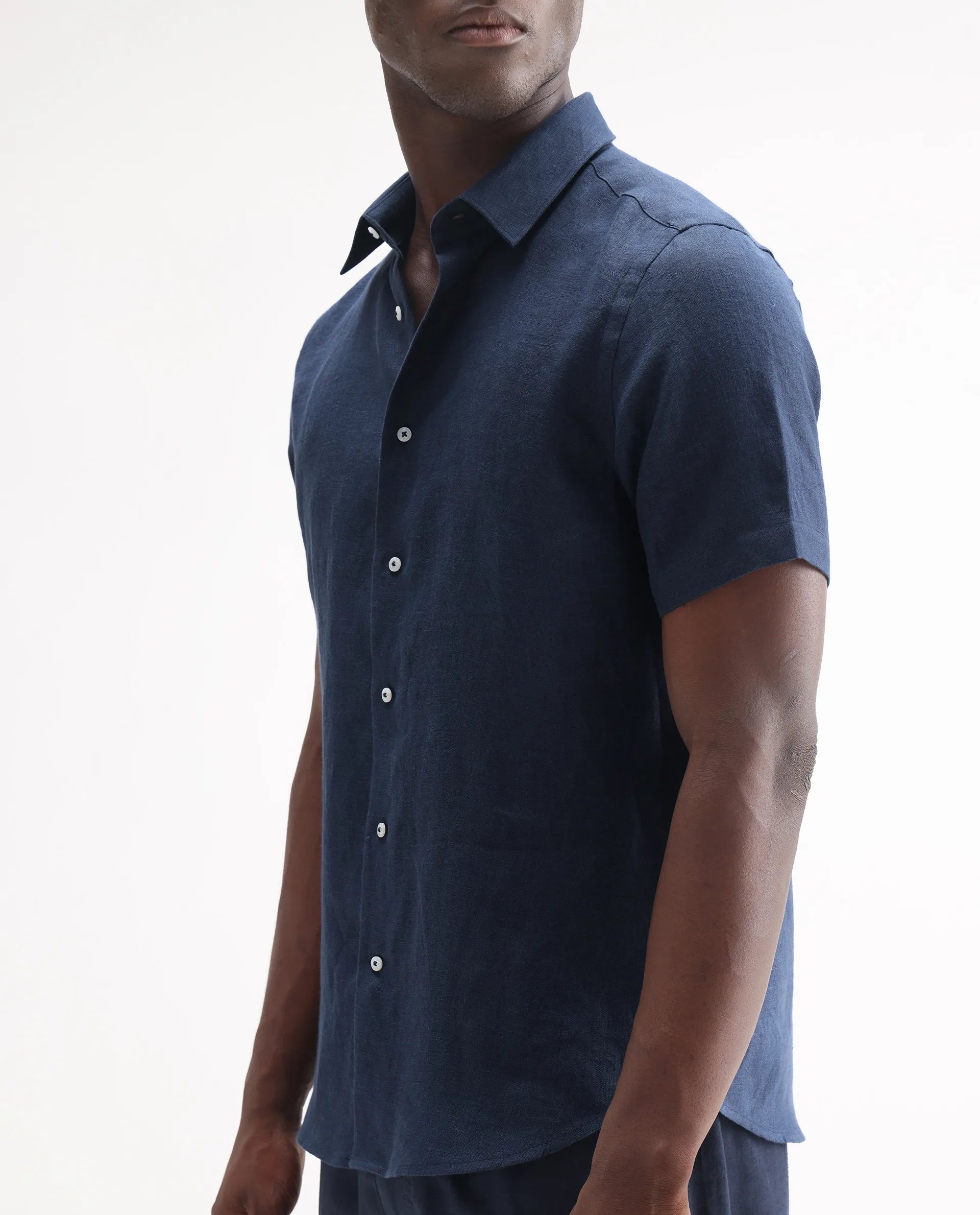 Rare Rabbit Men's Poist Navy 100% Linen Plain Regular Fit Half Sleeve Collared Shirt