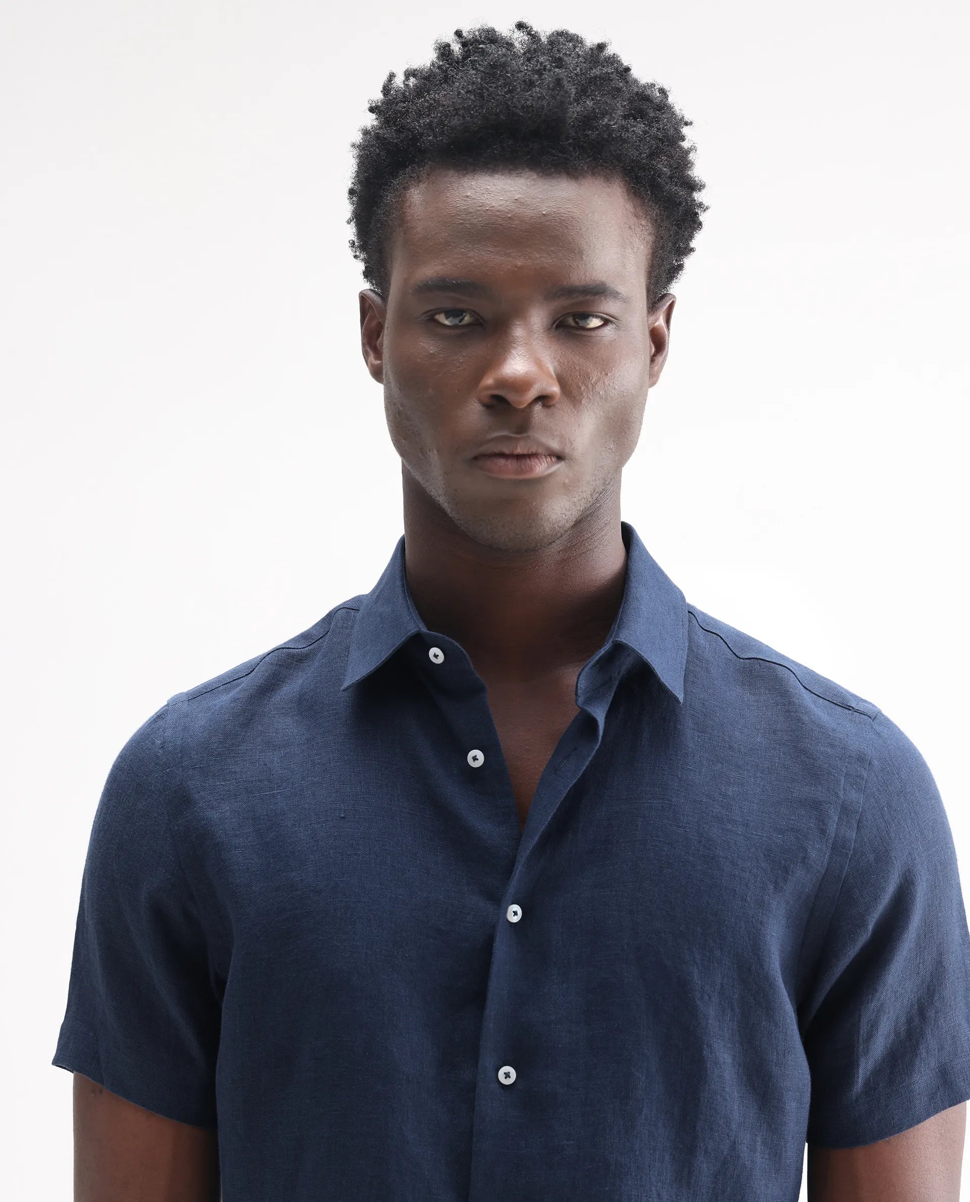 Rare Rabbit Men's Poist Navy 100% Linen Plain Regular Fit Half Sleeve Collared Shirt