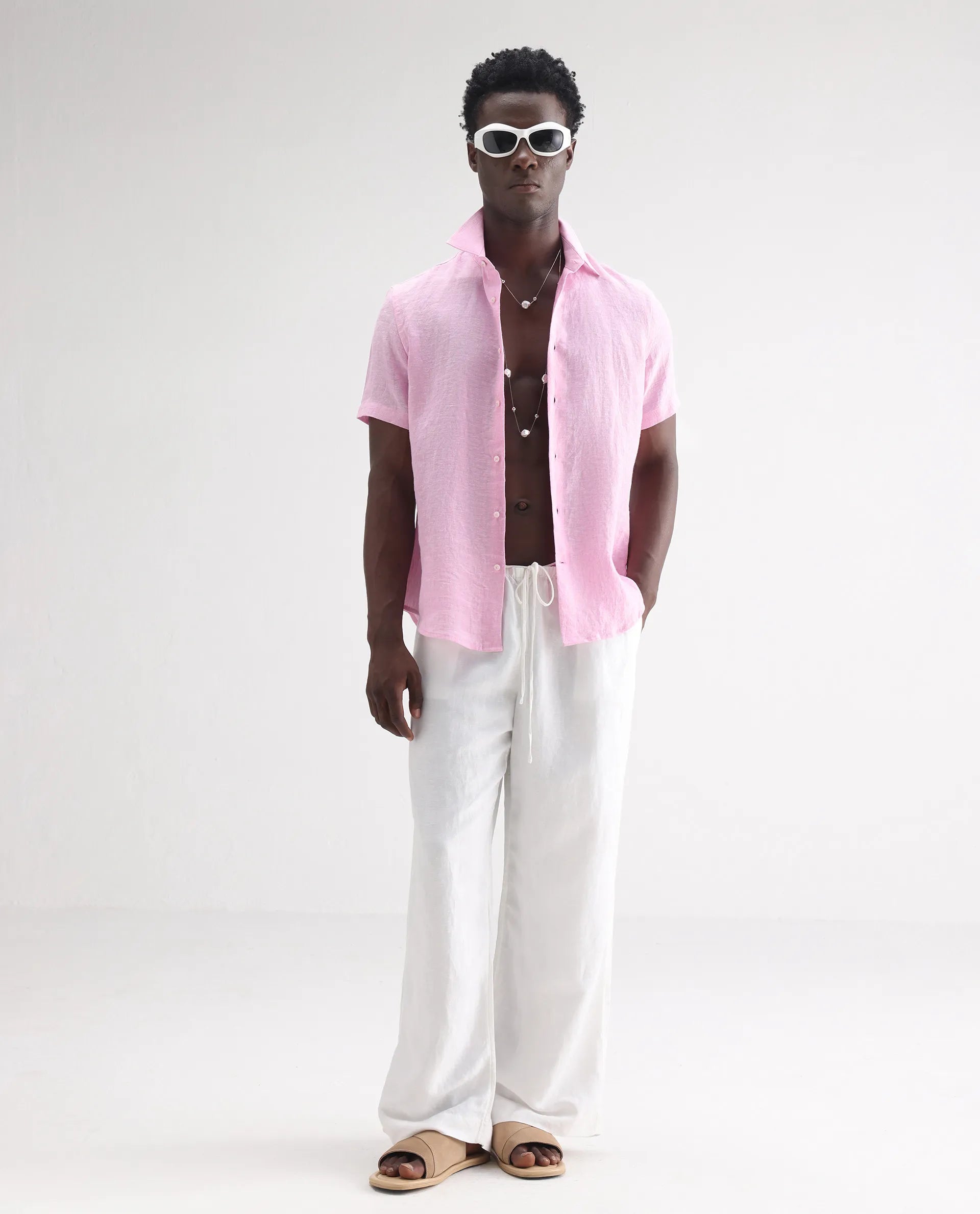 Rare Rabbit Men's Poist Pink 100% Linen Plain Regular Fit Half Sleeve Collared Shirt