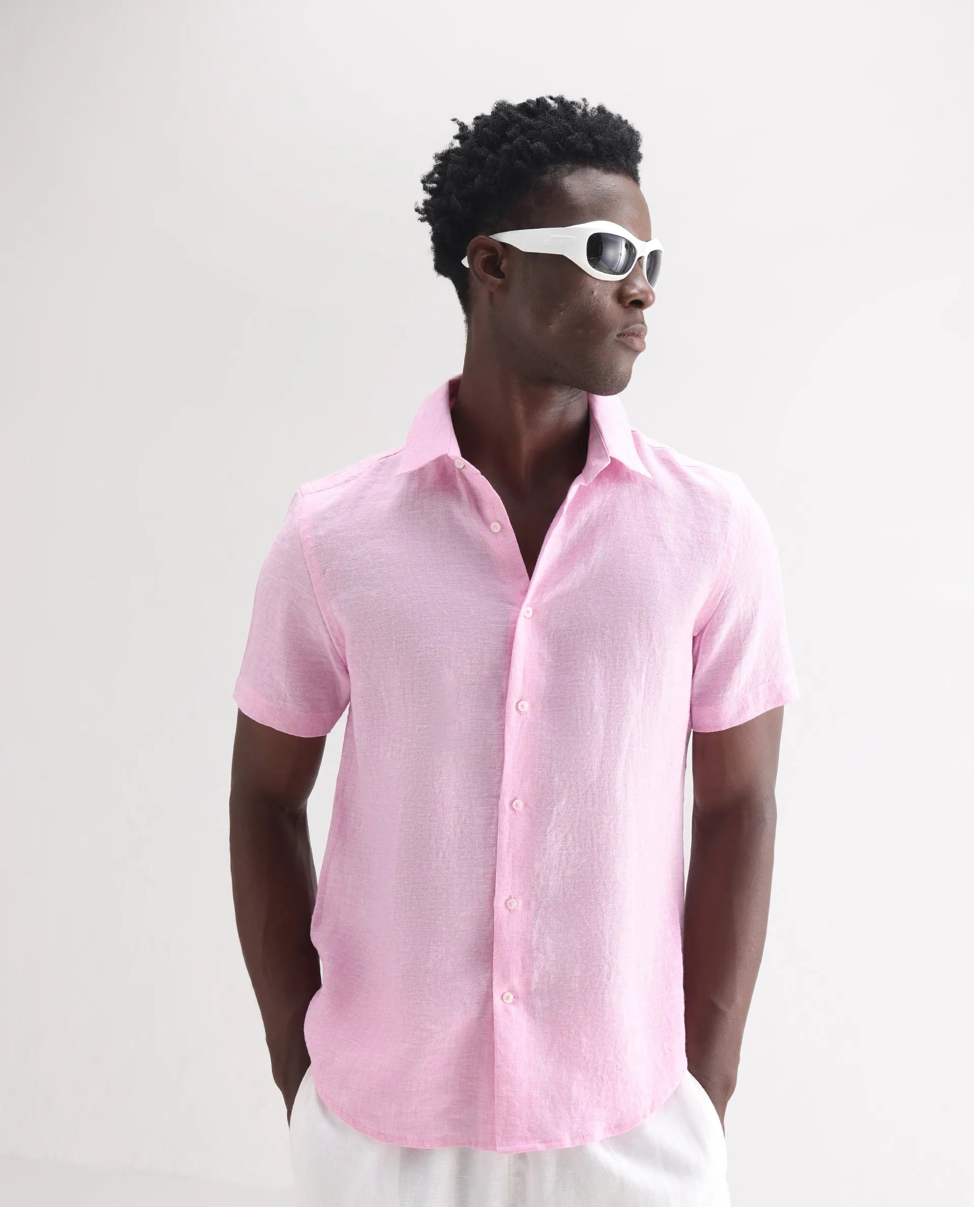 Rare Rabbit Men's Poist Pink 100% Linen Plain Regular Fit Half Sleeve Collared Shirt