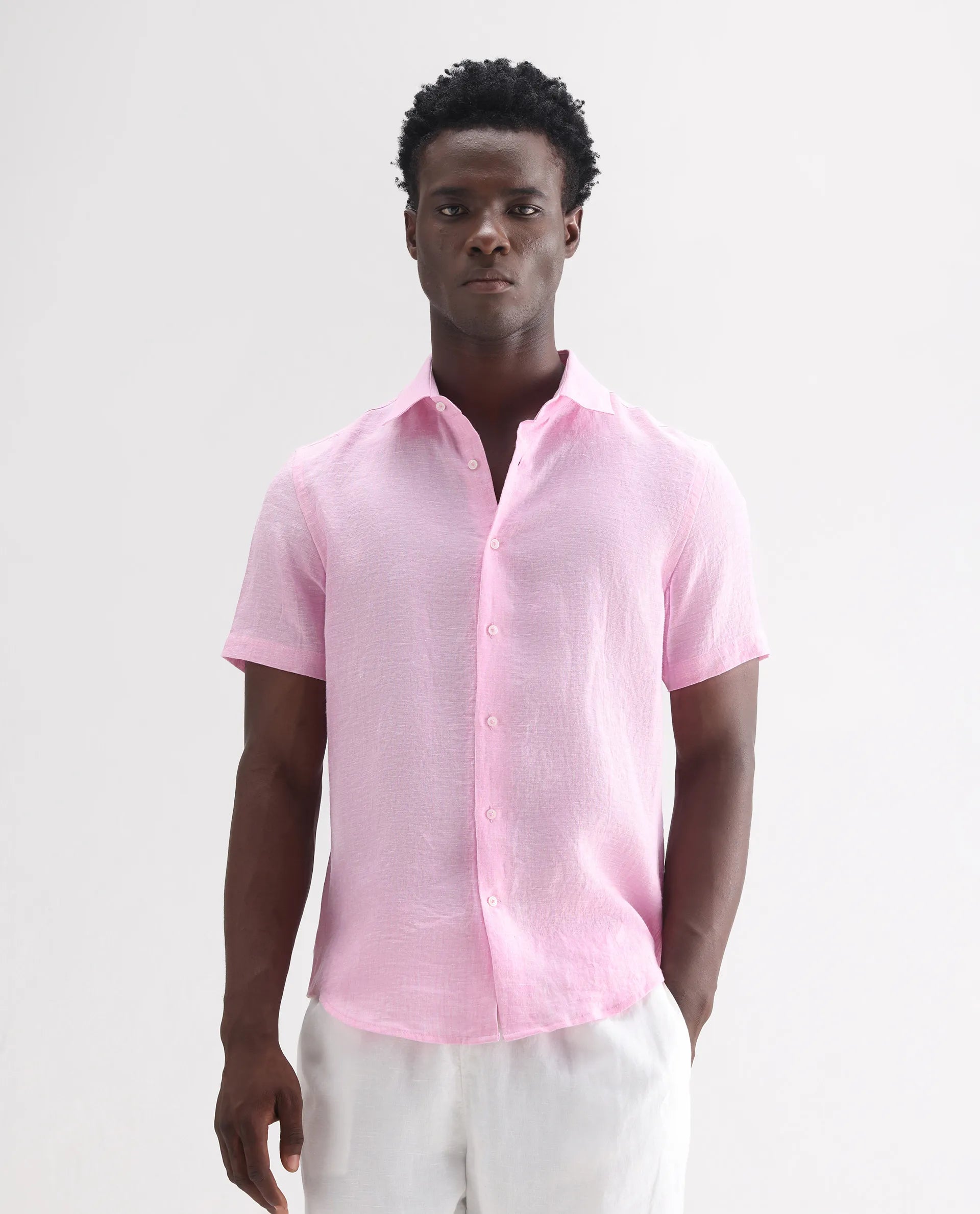 Rare Rabbit Men's Poist Pink 100% Linen Plain Regular Fit Half Sleeve Collared Shirt