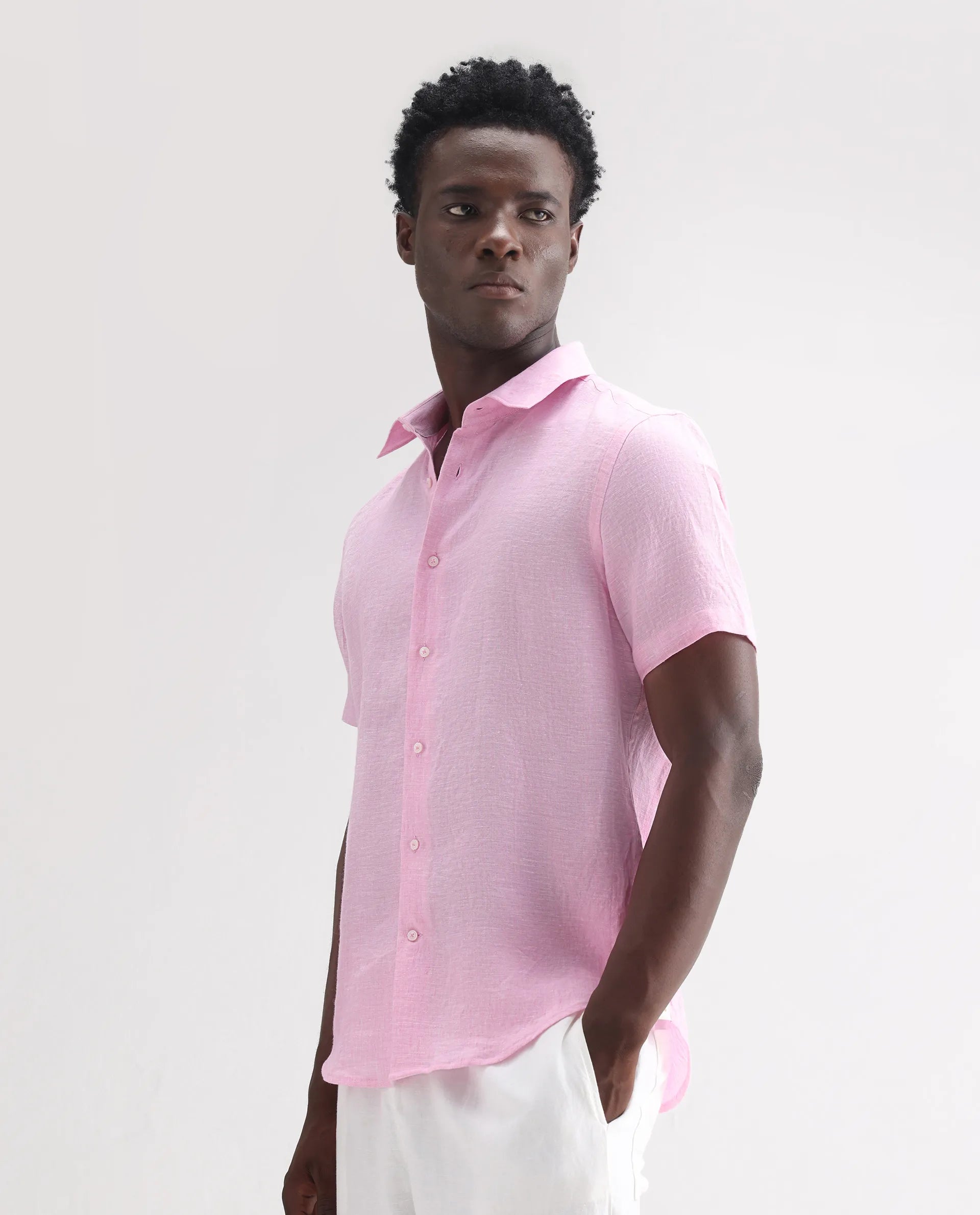 Rare Rabbit Men's Poist Pink 100% Linen Plain Regular Fit Half Sleeve Collared Shirt