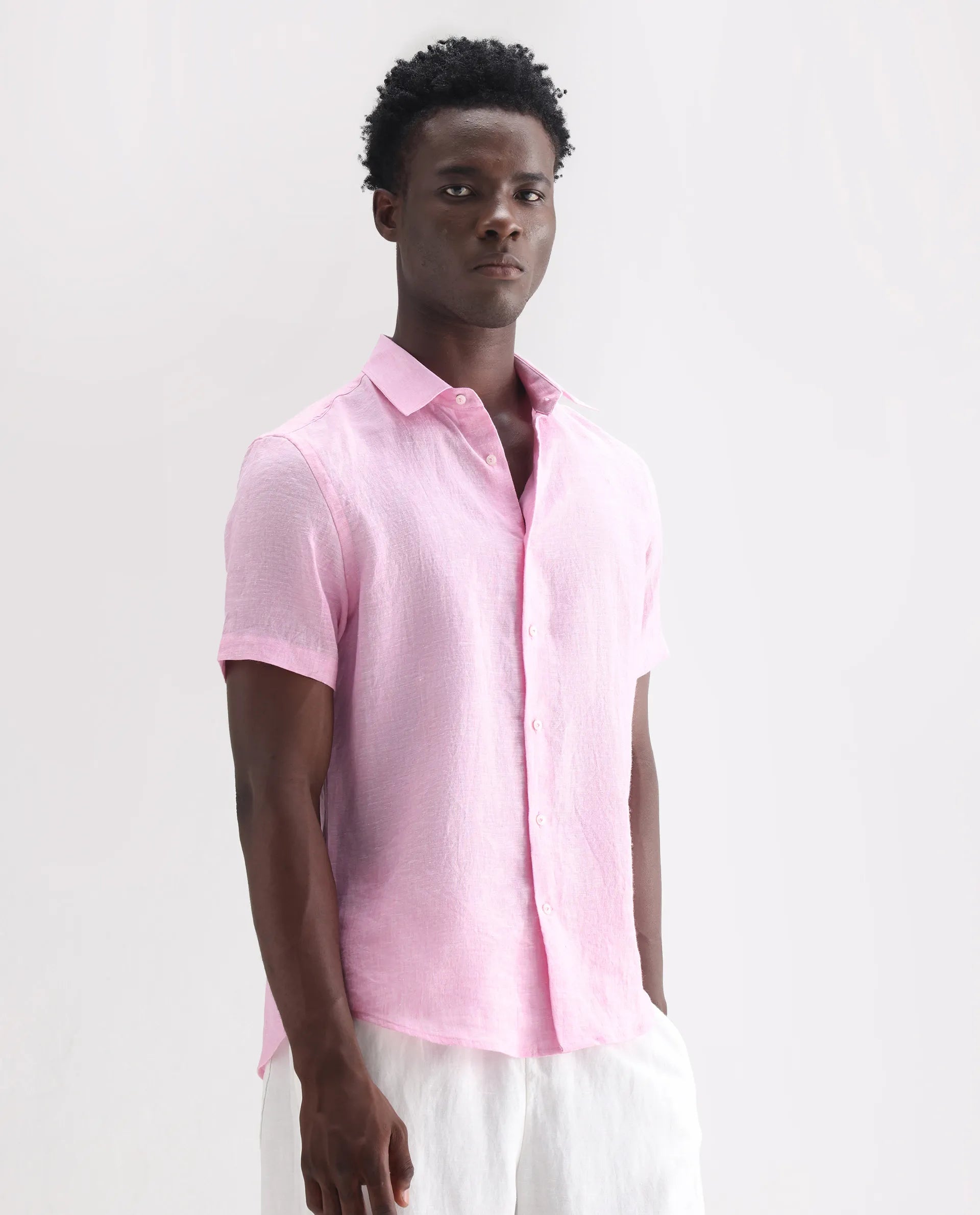 Rare Rabbit Men's Poist Pink 100% Linen Plain Regular Fit Half Sleeve Collared Shirt