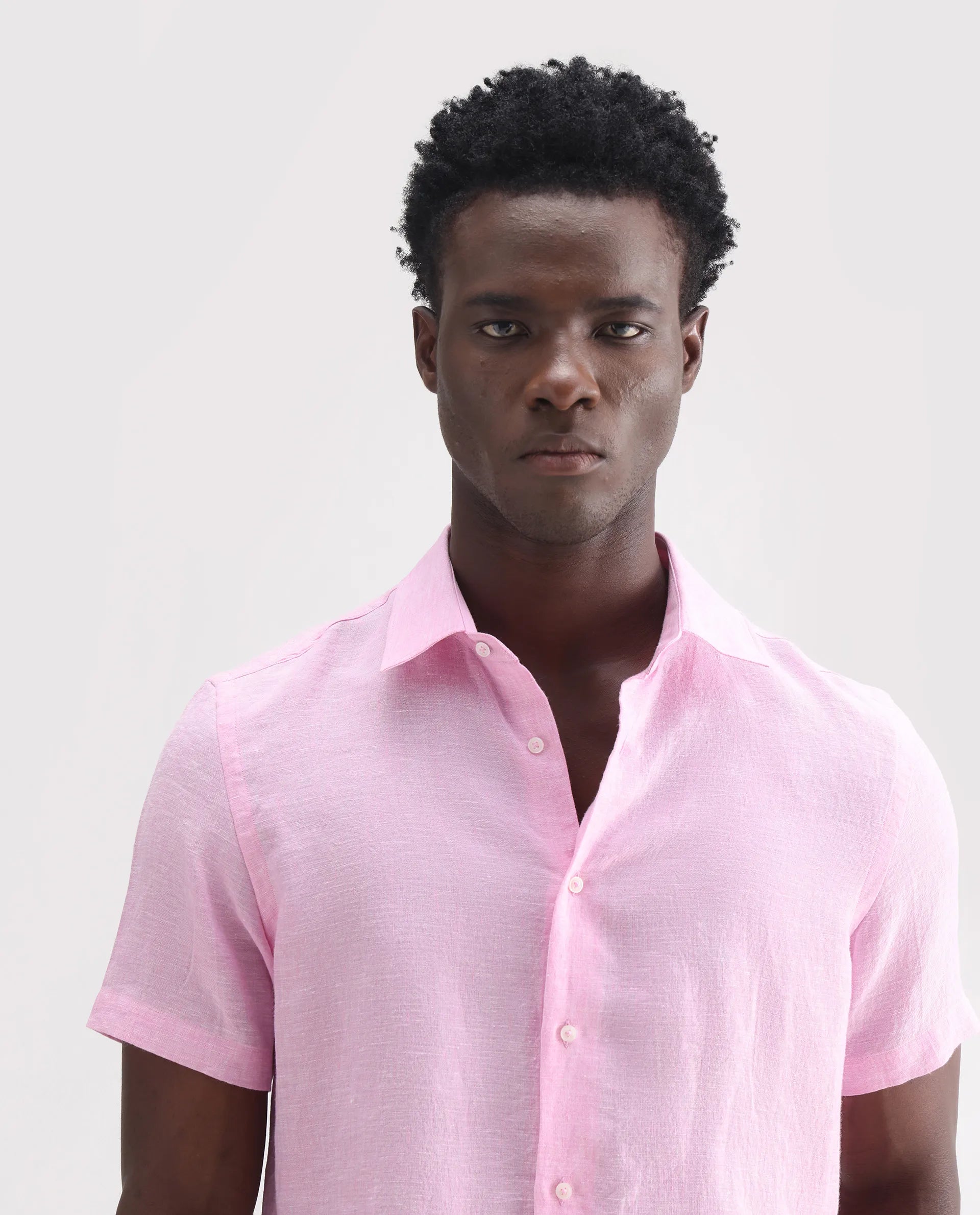 Rare Rabbit Men's Poist Pink 100% Linen Plain Regular Fit Half Sleeve Collared Shirt