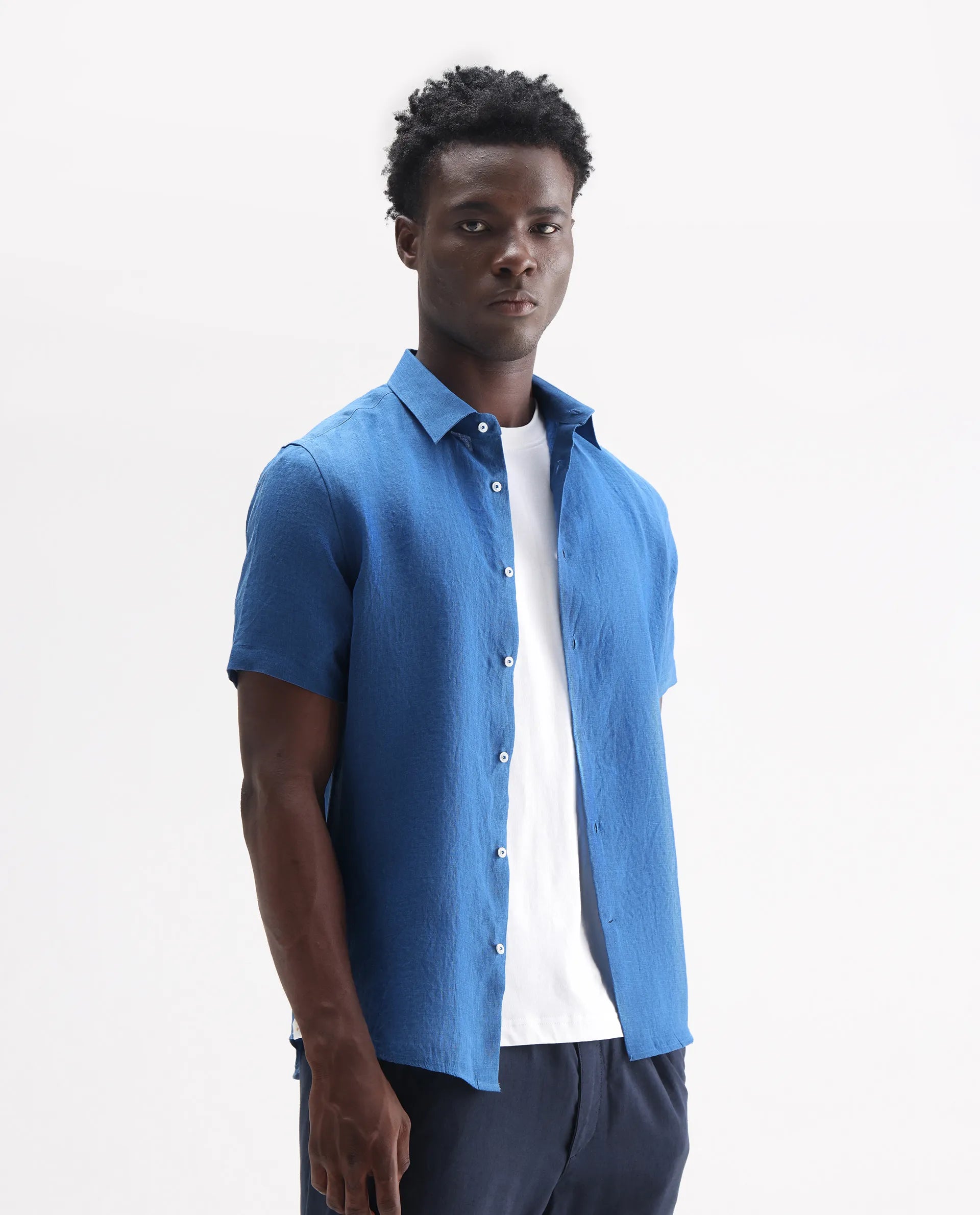 Rare Rabbit Men's Poist Blue 100% Linen Plain Regular Fit Half Sleeve Collared Shirt