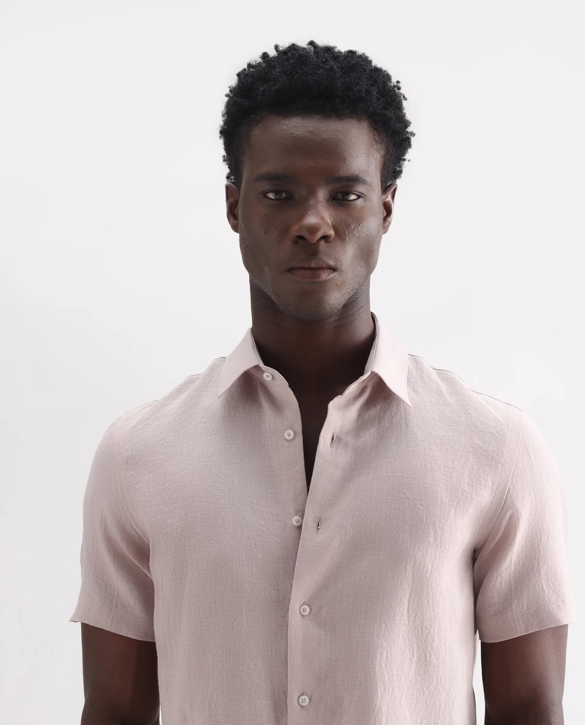 Rare Rabbit Men's Poist Dusky Pink 100% Linen Plain Regular Fit Half Sleeve Collared Shirt