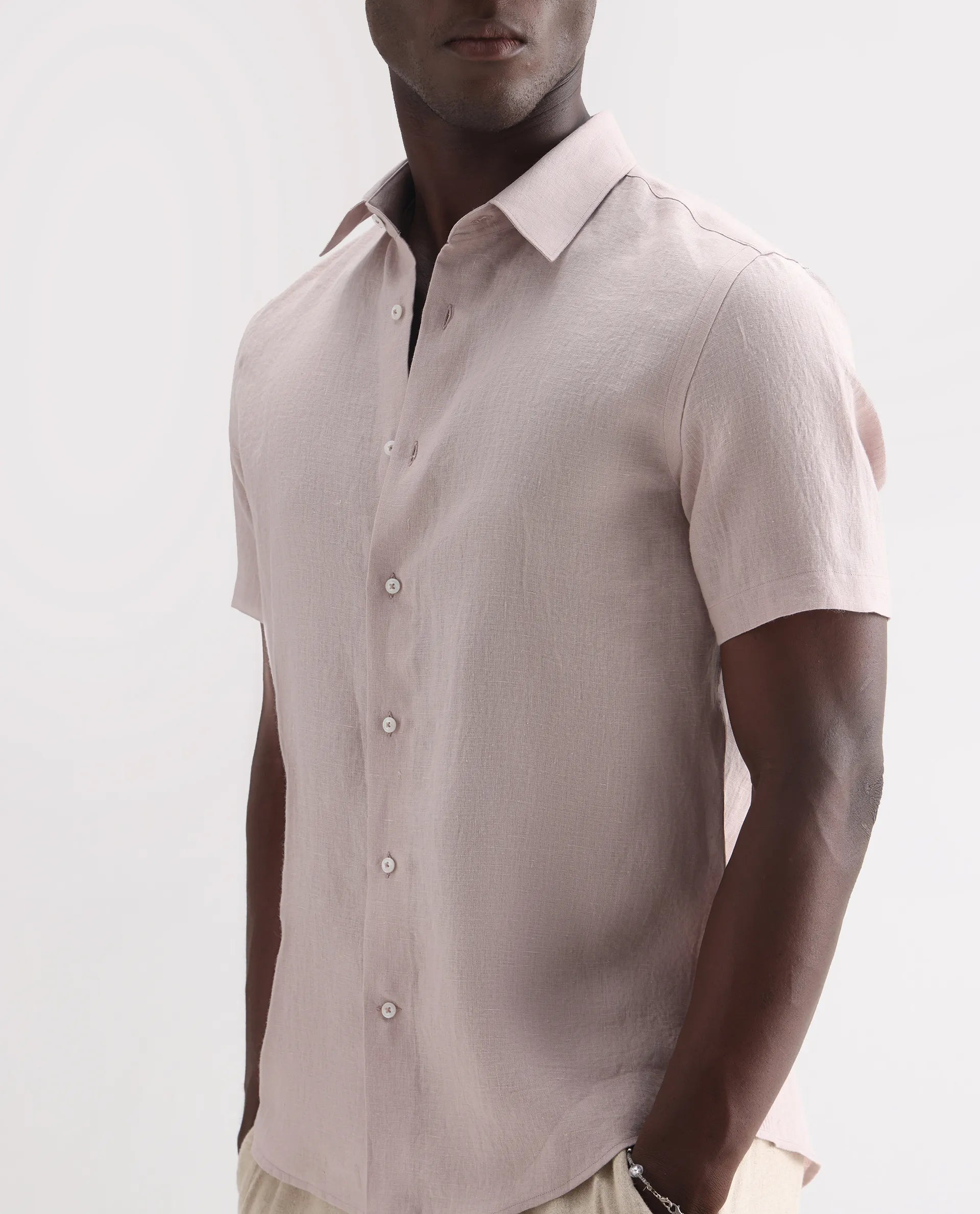 Rare Rabbit Men's Poist Dusky Pink 100% Linen Plain Regular Fit Half Sleeve Collared Shirt