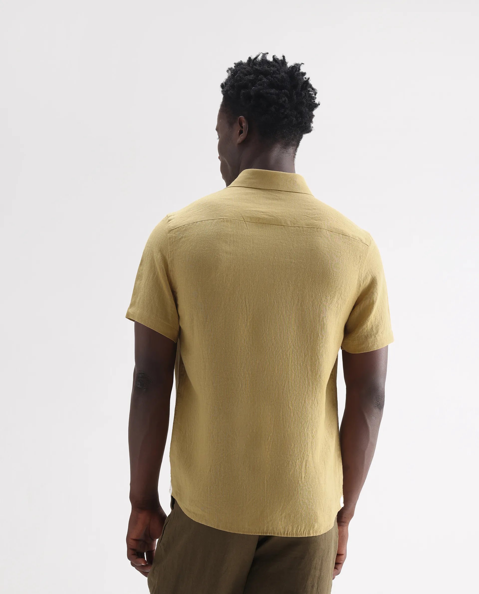 Rare Rabbit Men's Poist Dusky Mustard 100% Linen Plain Regular Fit Half Sleeve Collared Shirt