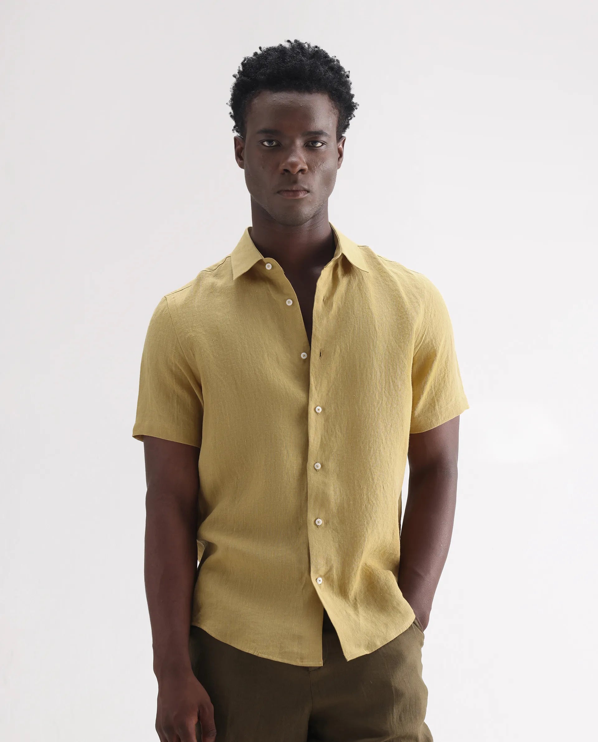 Rare Rabbit Men's Poist Dusky Mustard 100% Linen Plain Regular Fit Half Sleeve Collared Shirt