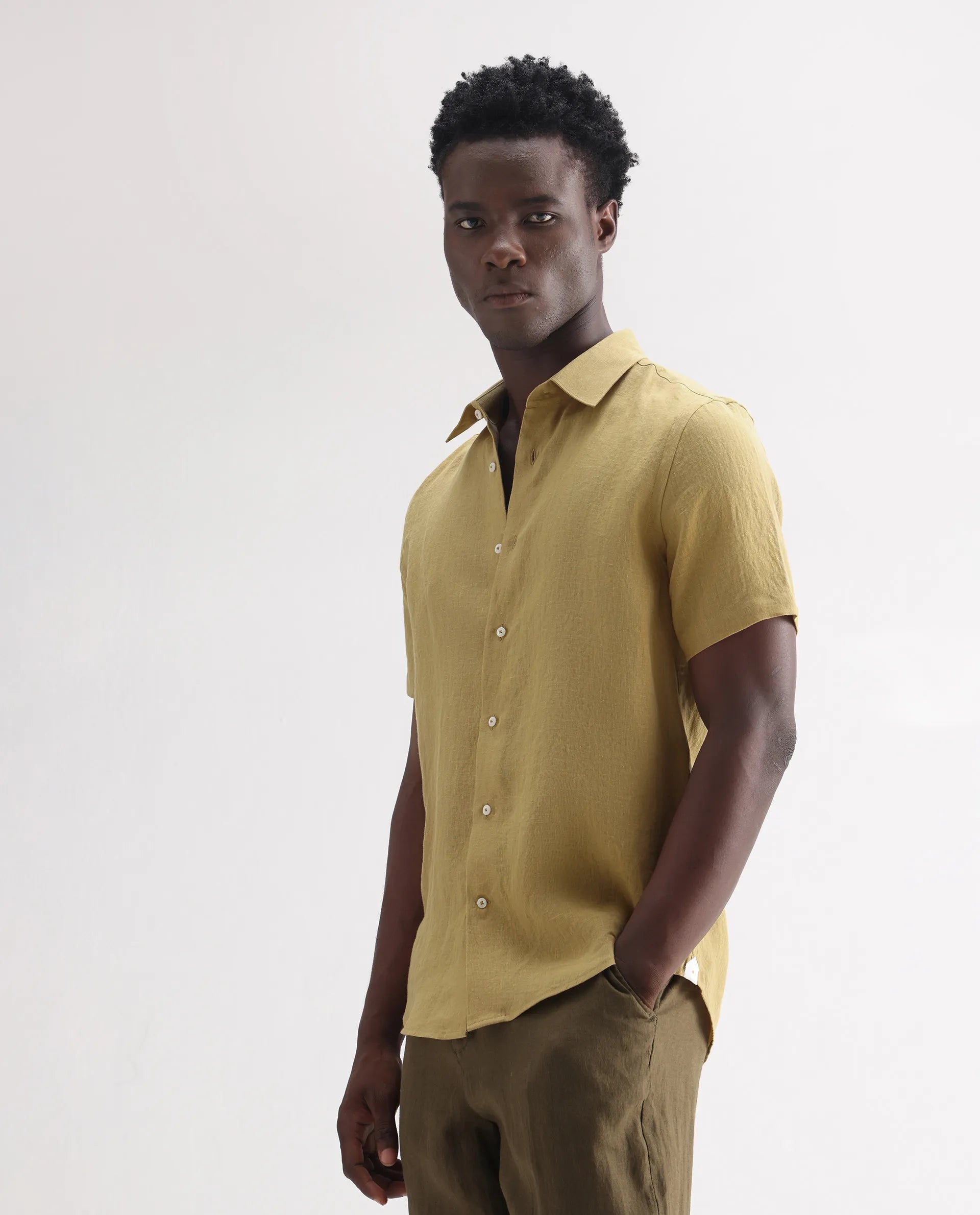 Rare Rabbit Men's Poist Dusky Mustard 100% Linen Plain Regular Fit Half Sleeve Collared Shirt