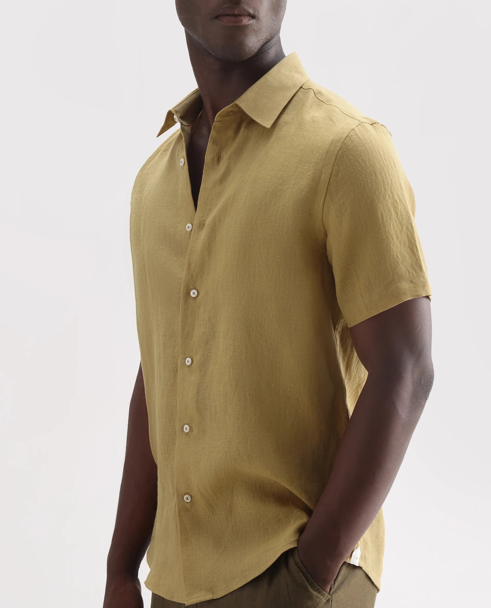 Rare Rabbit Men's Poist Dusky Mustard 100% Linen Plain Regular Fit Half Sleeve Collared Shirt