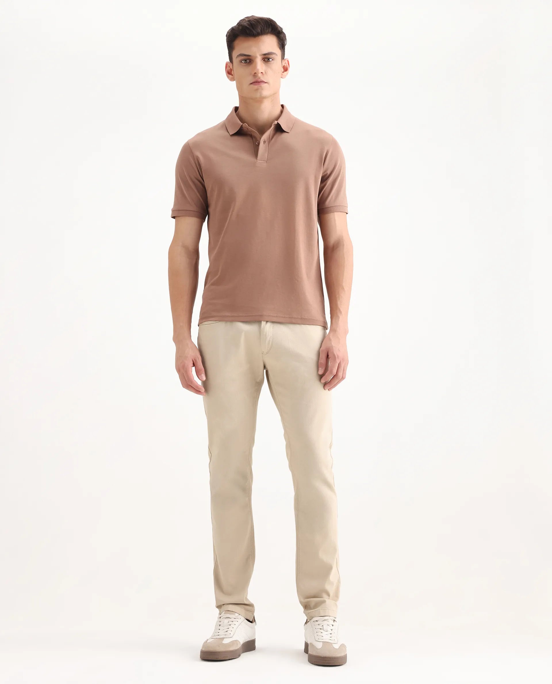 Rare Rabbit Men's Poke-2 Beige Cotton Plain Regular Fit Trouser