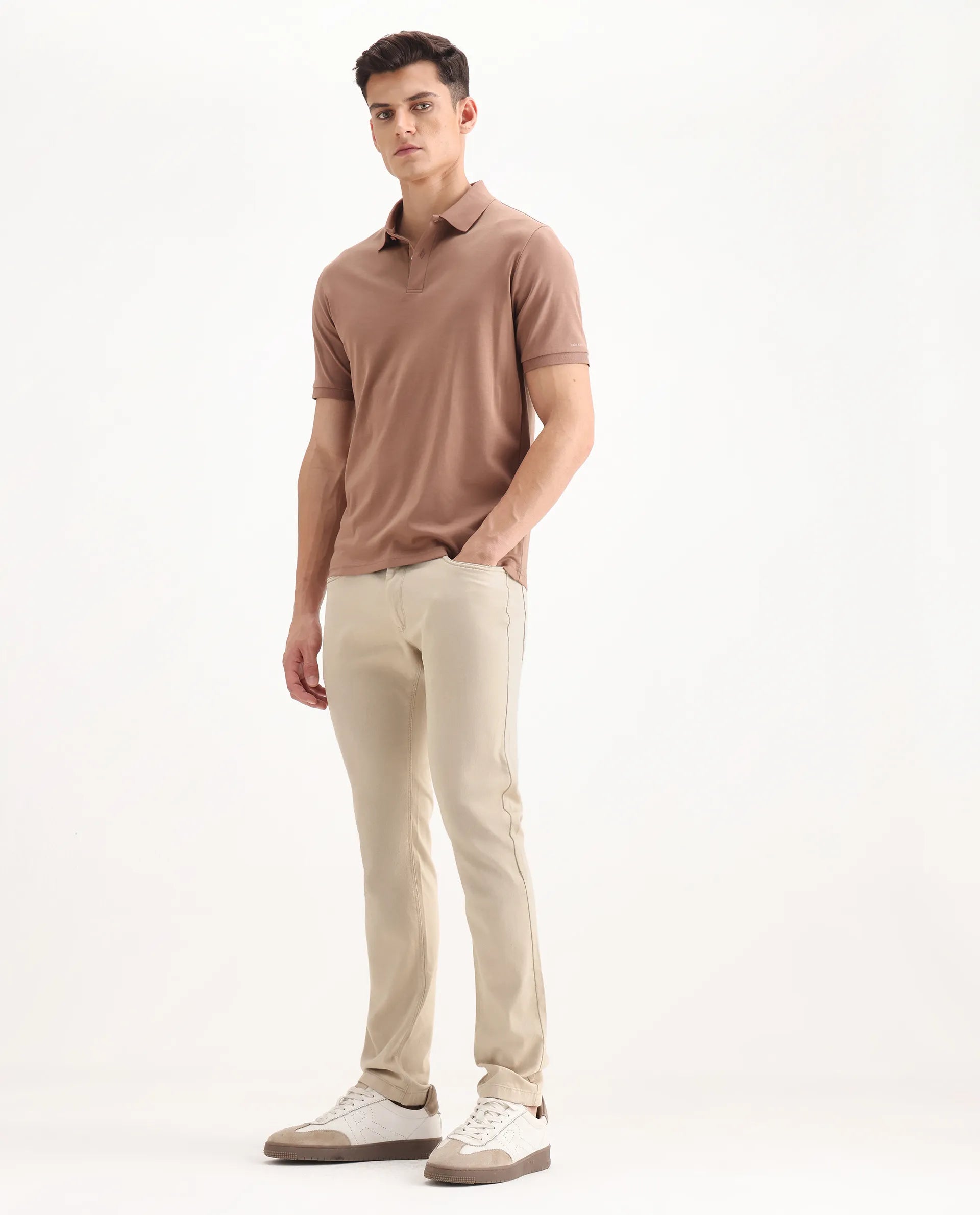 Rare Rabbit Men's Poke-2 Beige Cotton Plain Regular Fit Trouser