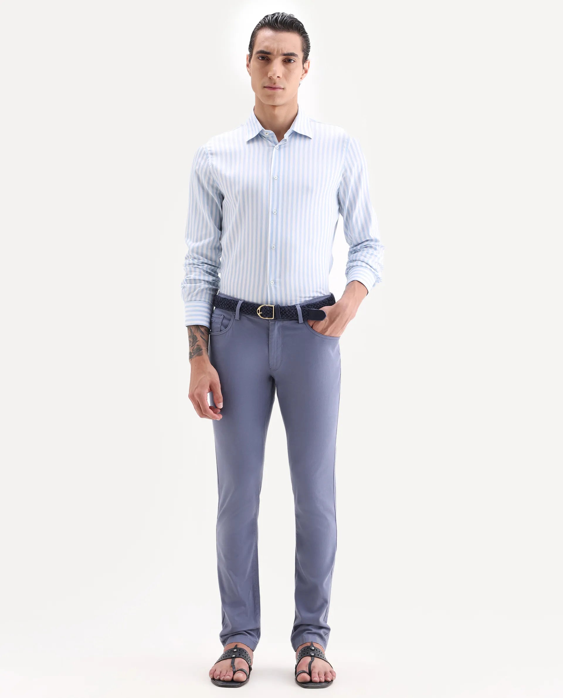 Rare Rabbit Men's Poke-2 Dusky Blue Cotton Plain Regular Fit Trouser