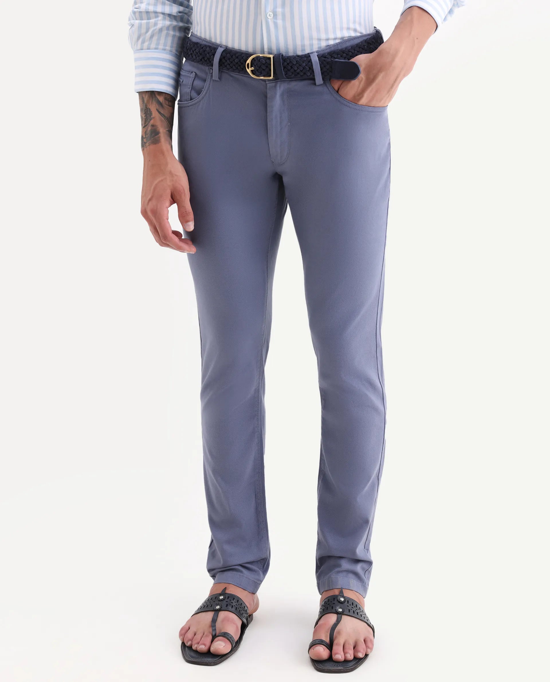 Rare Rabbit Men's Poke-2 Dusky Blue Cotton Plain Regular Fit Trouser