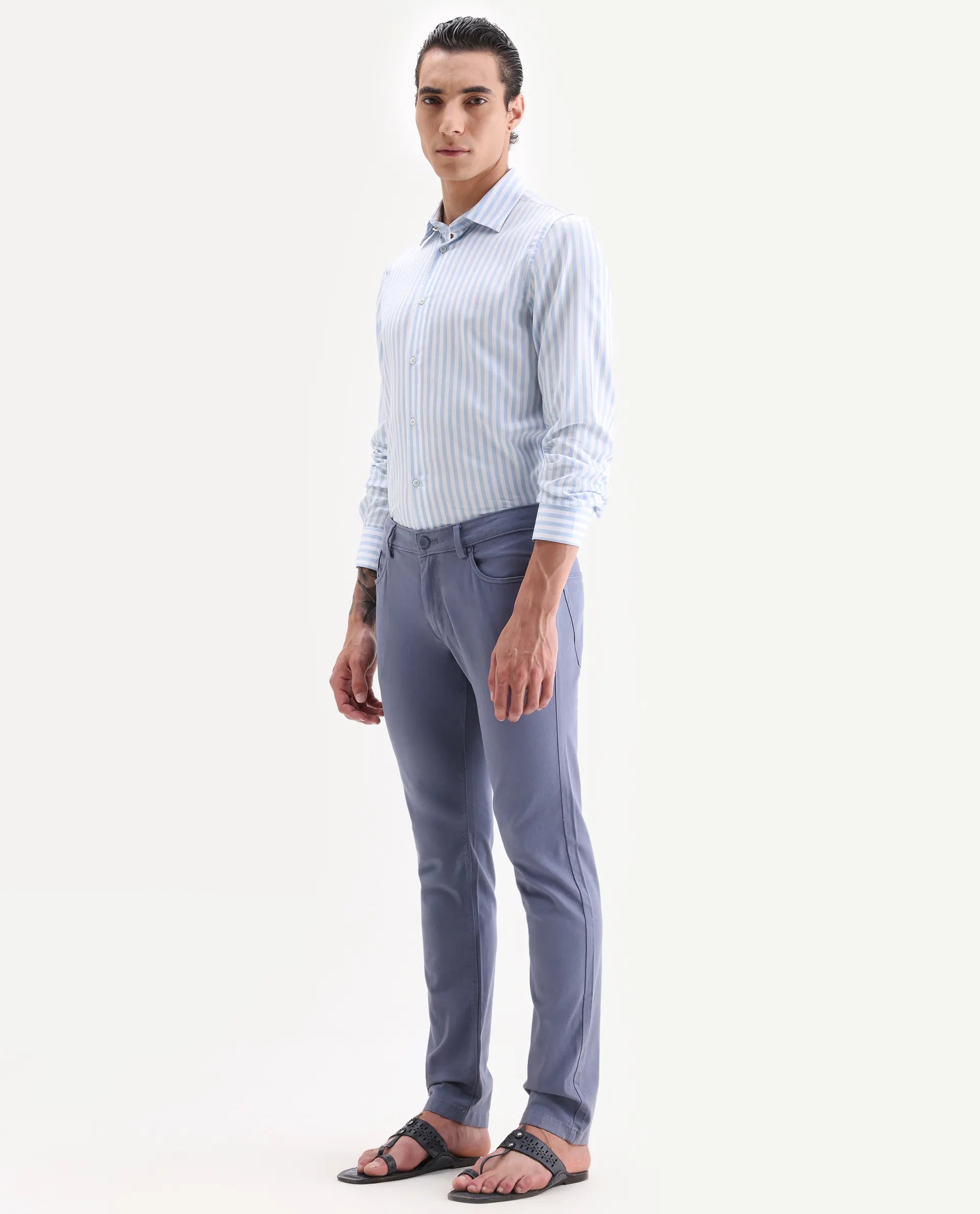 Rare Rabbit Men's Poke-2 Dusky Blue Cotton Plain Regular Fit Trouser
