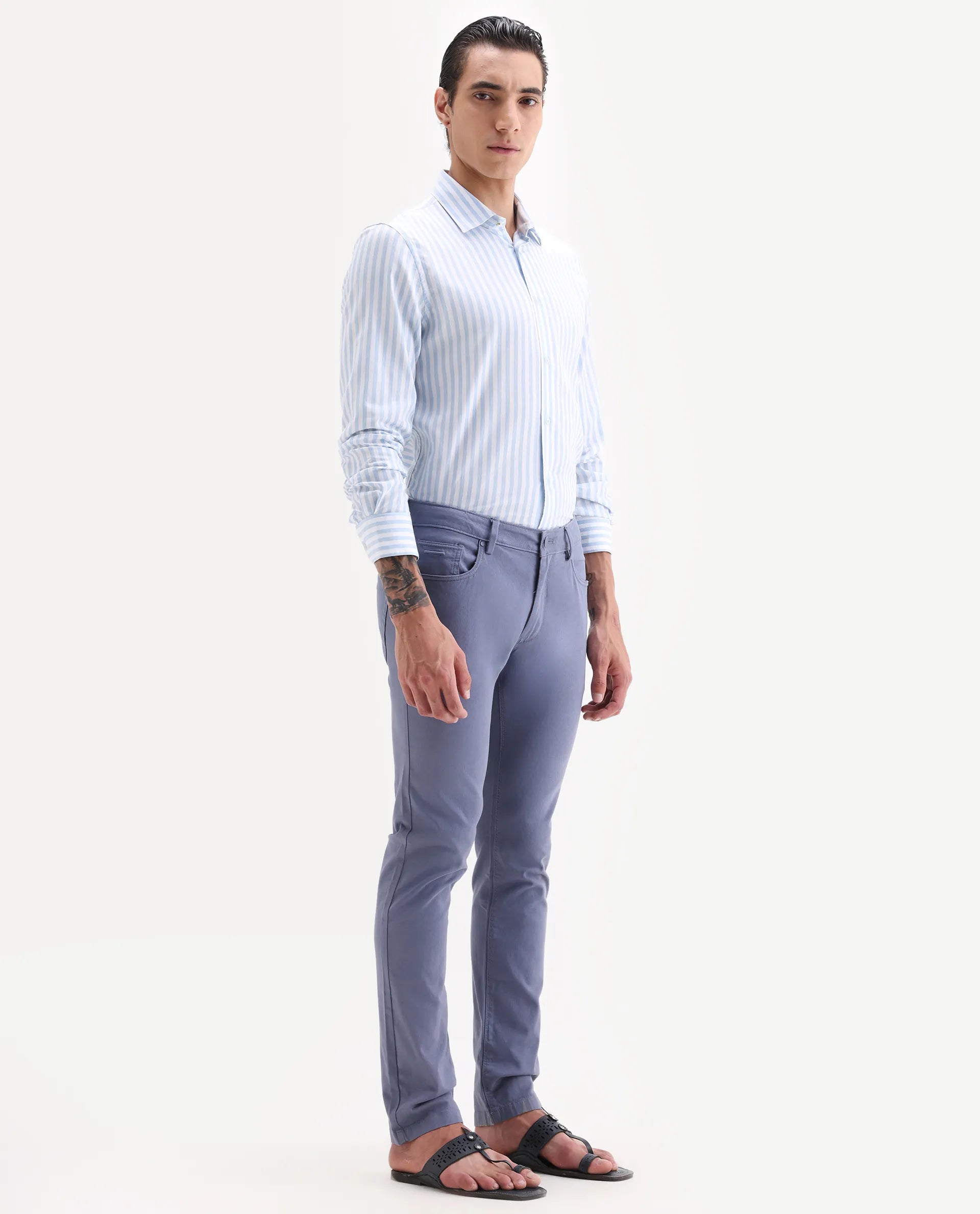Rare Rabbit Men's Poke-2 Dusky Blue Cotton Plain Regular Fit Trouser