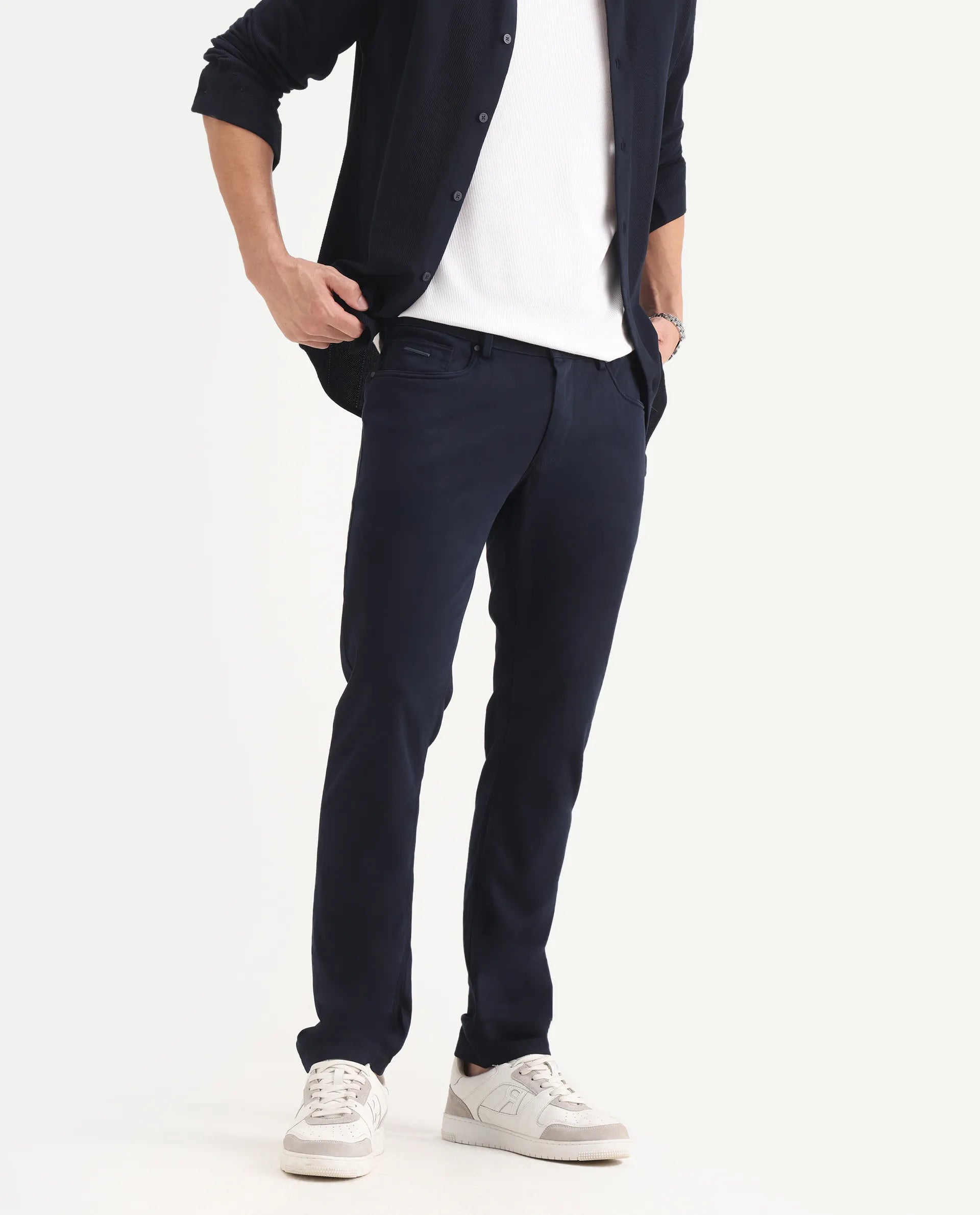 Rare Rabbit Men's Poke-2 Navy Cotton Plain Regular Fit Trouser