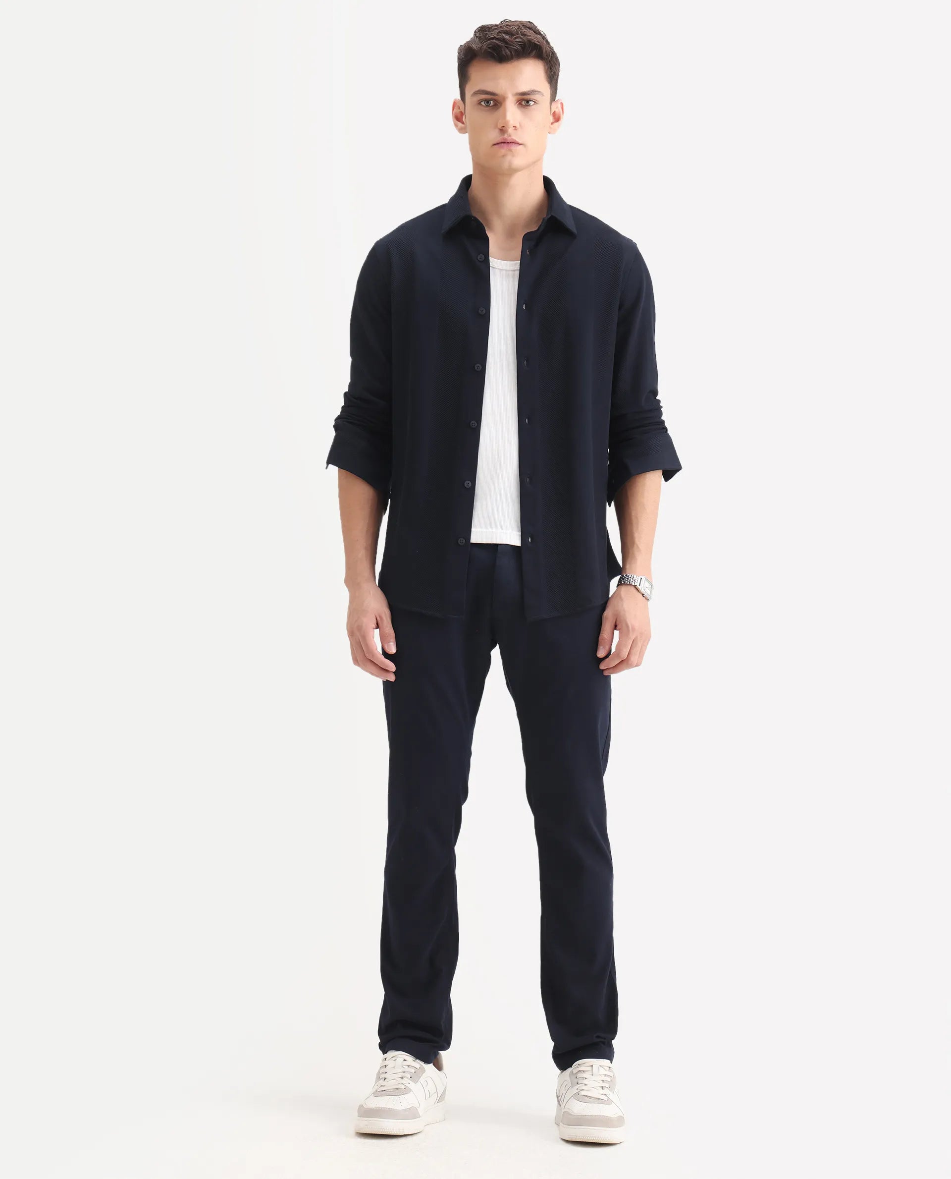 Rare Rabbit Men's Poke-2 Navy Cotton Plain Regular Fit Trouser