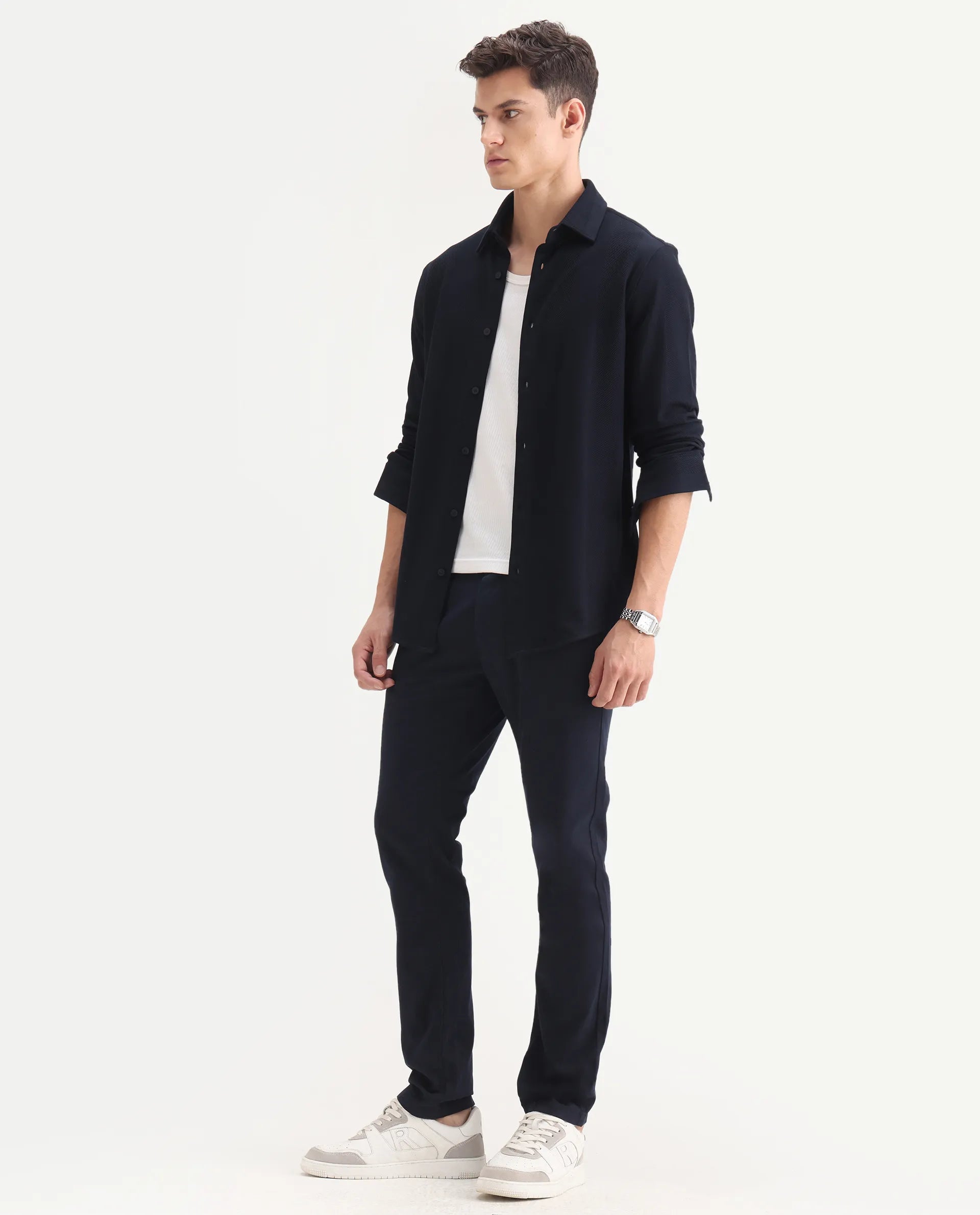 Rare Rabbit Men's Poke-2 Navy Cotton Plain Regular Fit Trouser