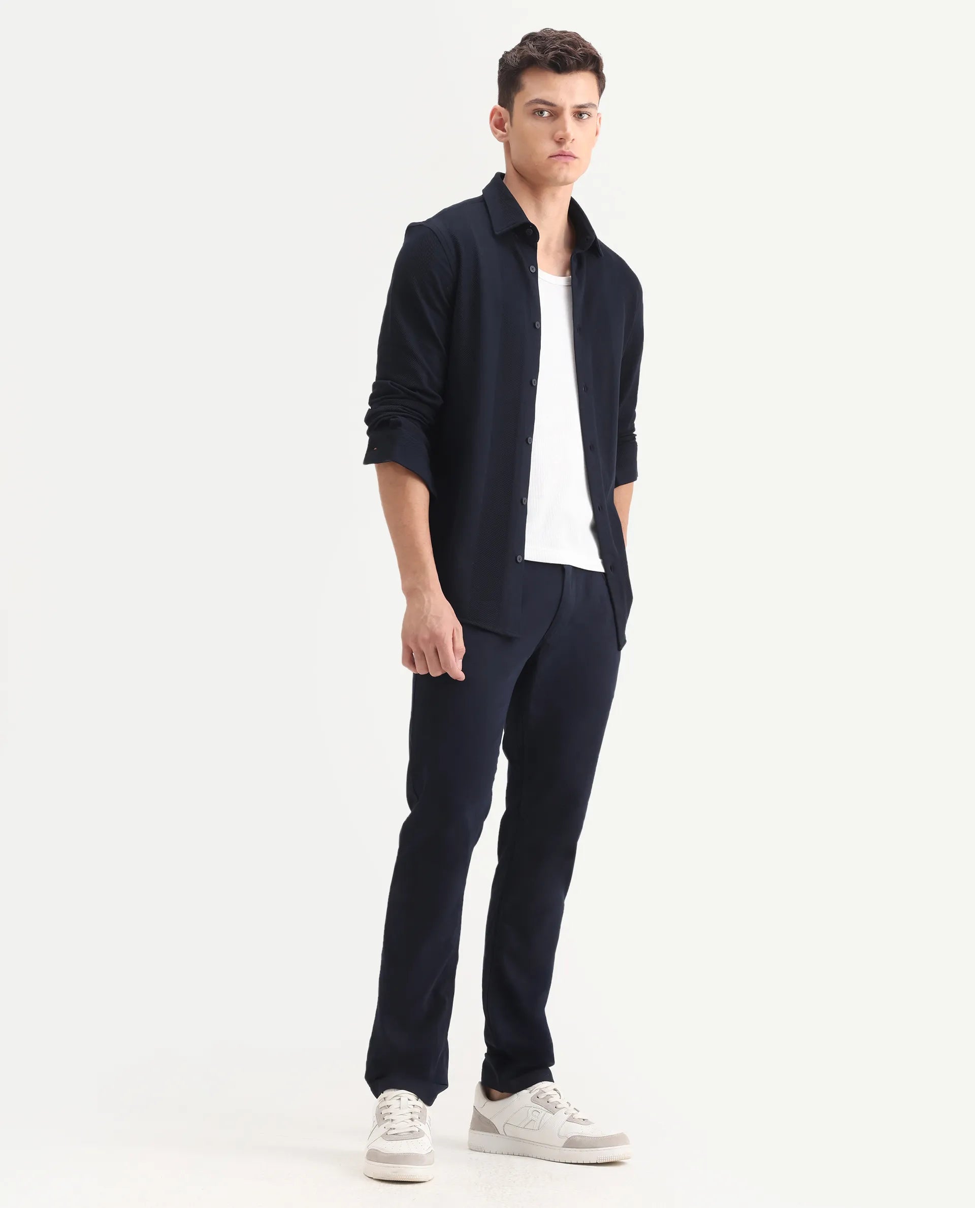 Rare Rabbit Men's Poke-2 Navy Cotton Plain Regular Fit Trouser