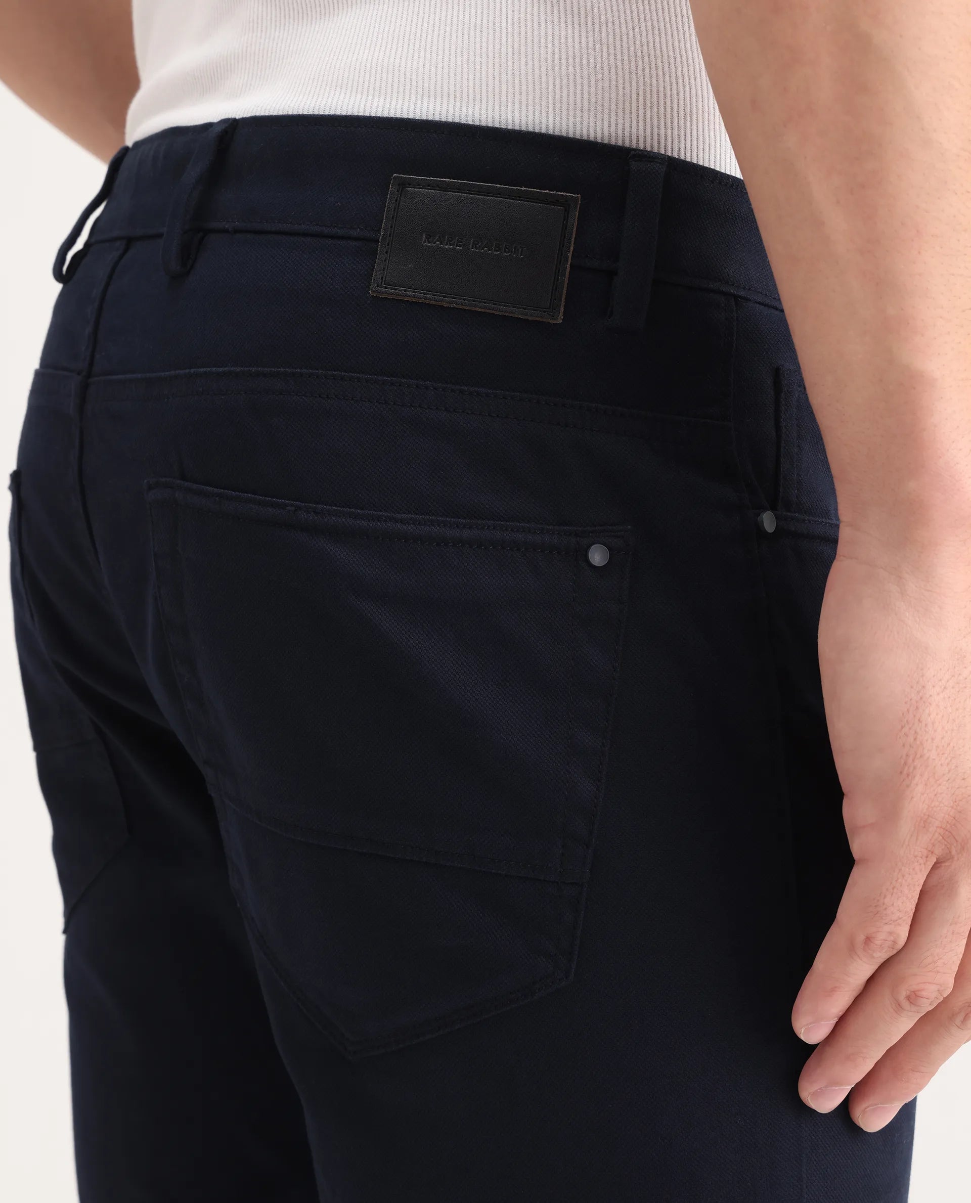 Rare Rabbit Men's Poke-2 Navy Cotton Plain Regular Fit Trouser