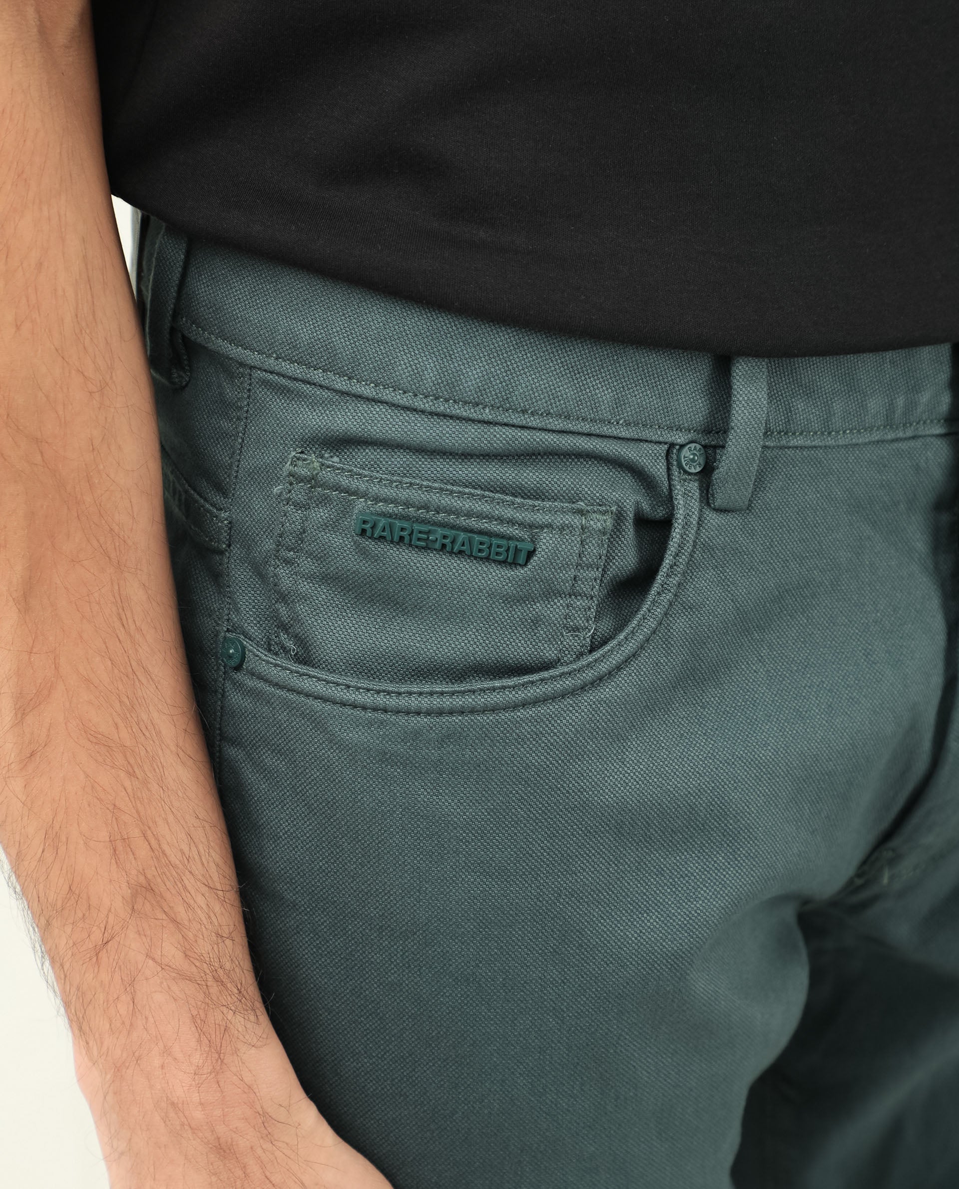 Rare Rabbit Men's Poke Dusky Green Solid Mid-Rise Regular Fit Trouser