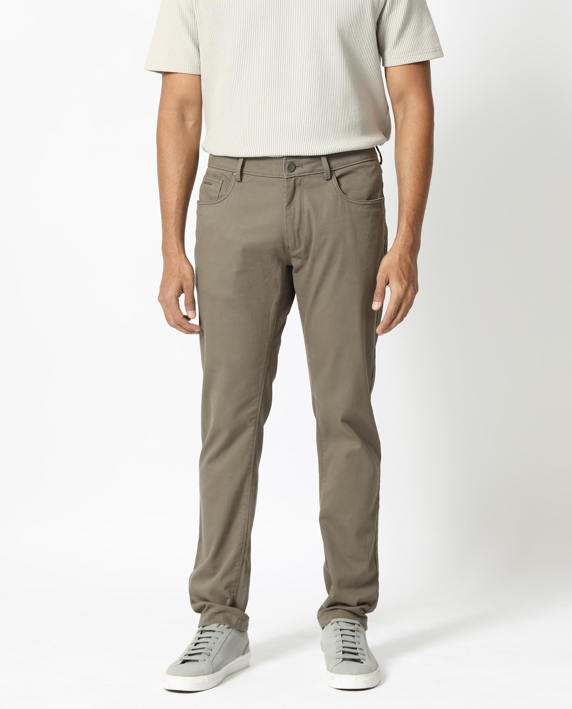 Rare Rabbit Men's Poke-2 Light Olive Solid Mid-Rise Regular Fit Trouser