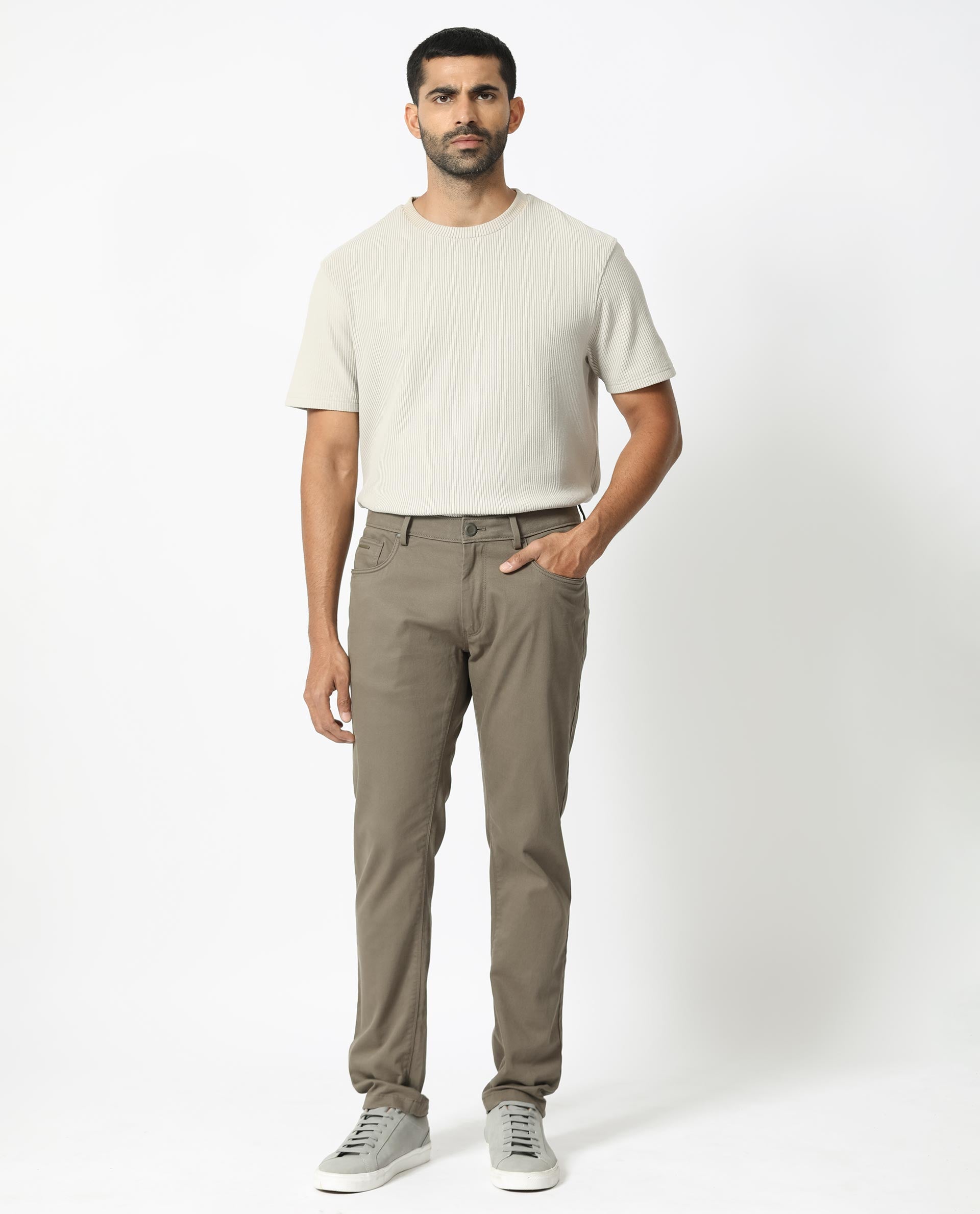 Rare Rabbit Men's Poke-2 Light Olive Solid Mid-Rise Regular Fit Trouser