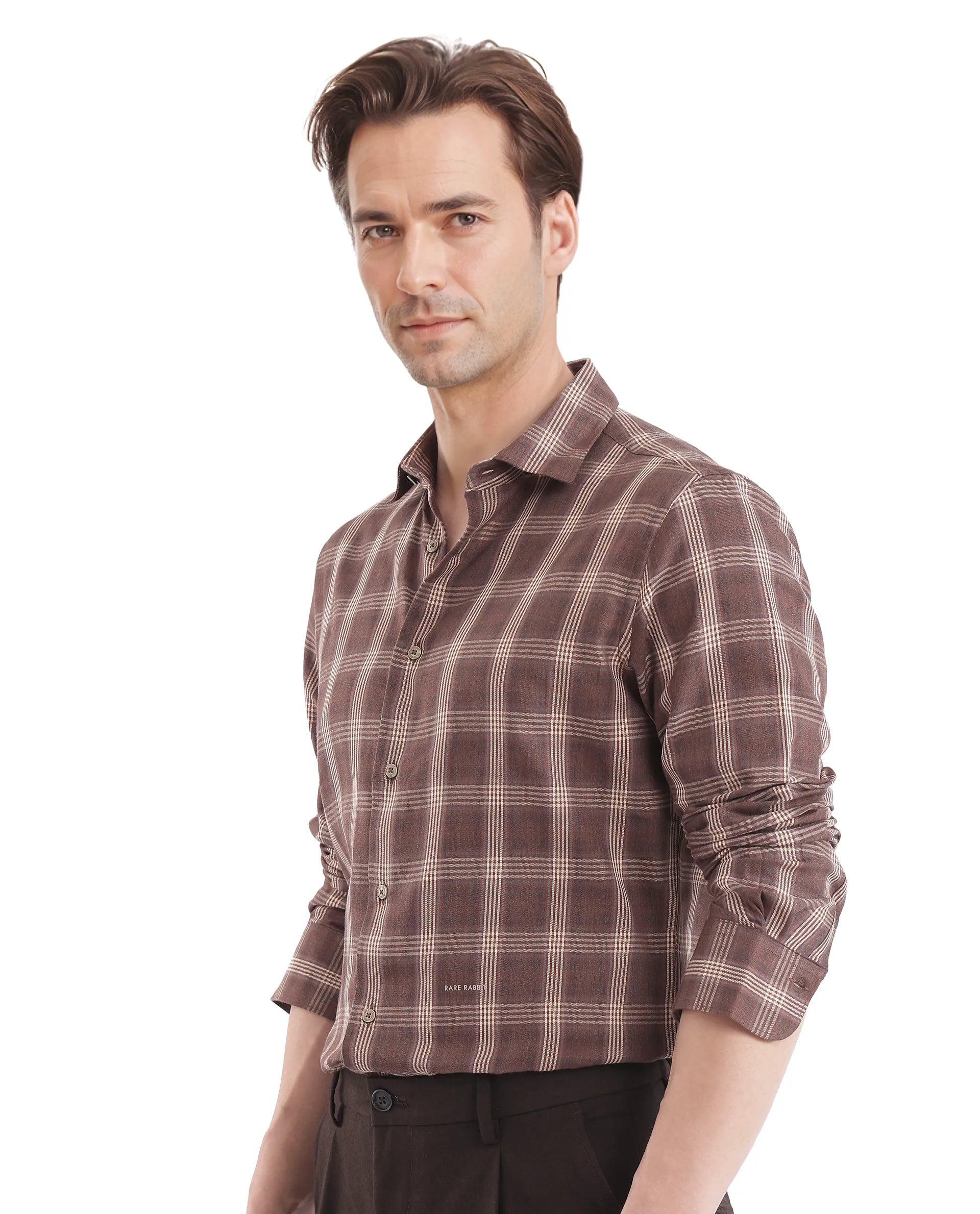 Rare Rabbit  Men's Polaz Brown Cotton Fabric Full Sleeve Regular Fit Checks Shirt