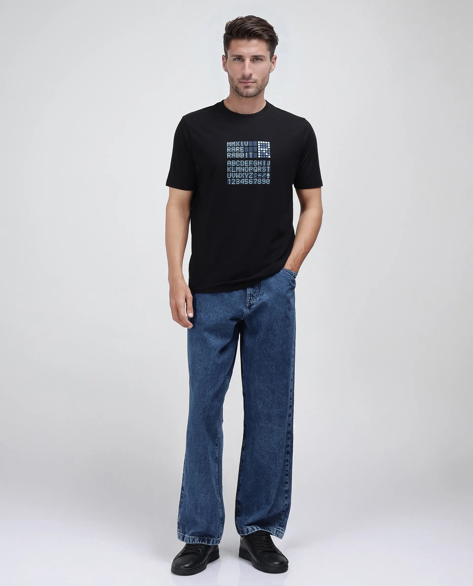 Rare Rabbit Men Pol Black Cotton Fabric Short Sleeve Crew Neck Slip-On Graphic Print T-Shirt