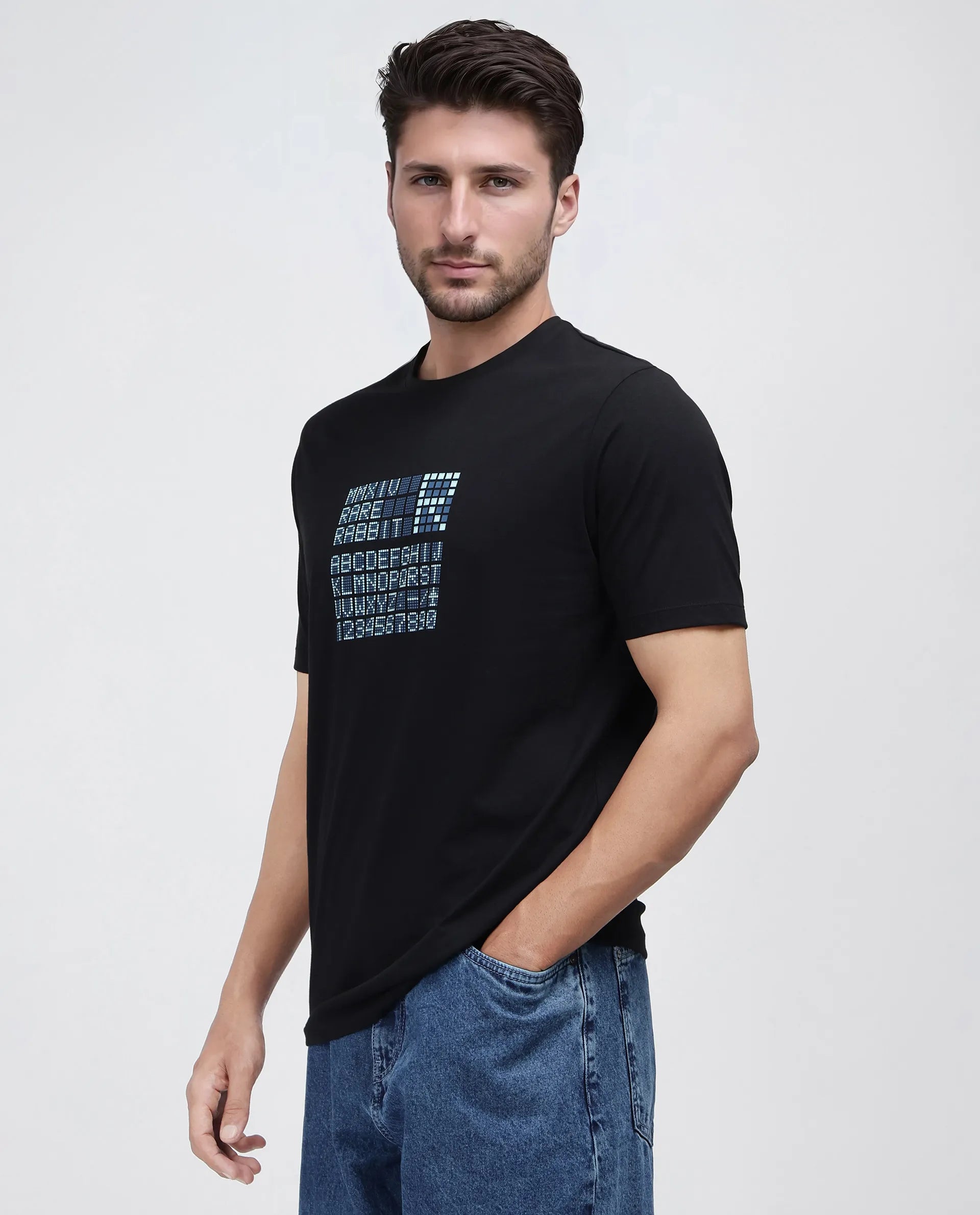 Rare Rabbit Men Pol Black Cotton Fabric Short Sleeve Crew Neck Slip-On Graphic Print T-Shirt