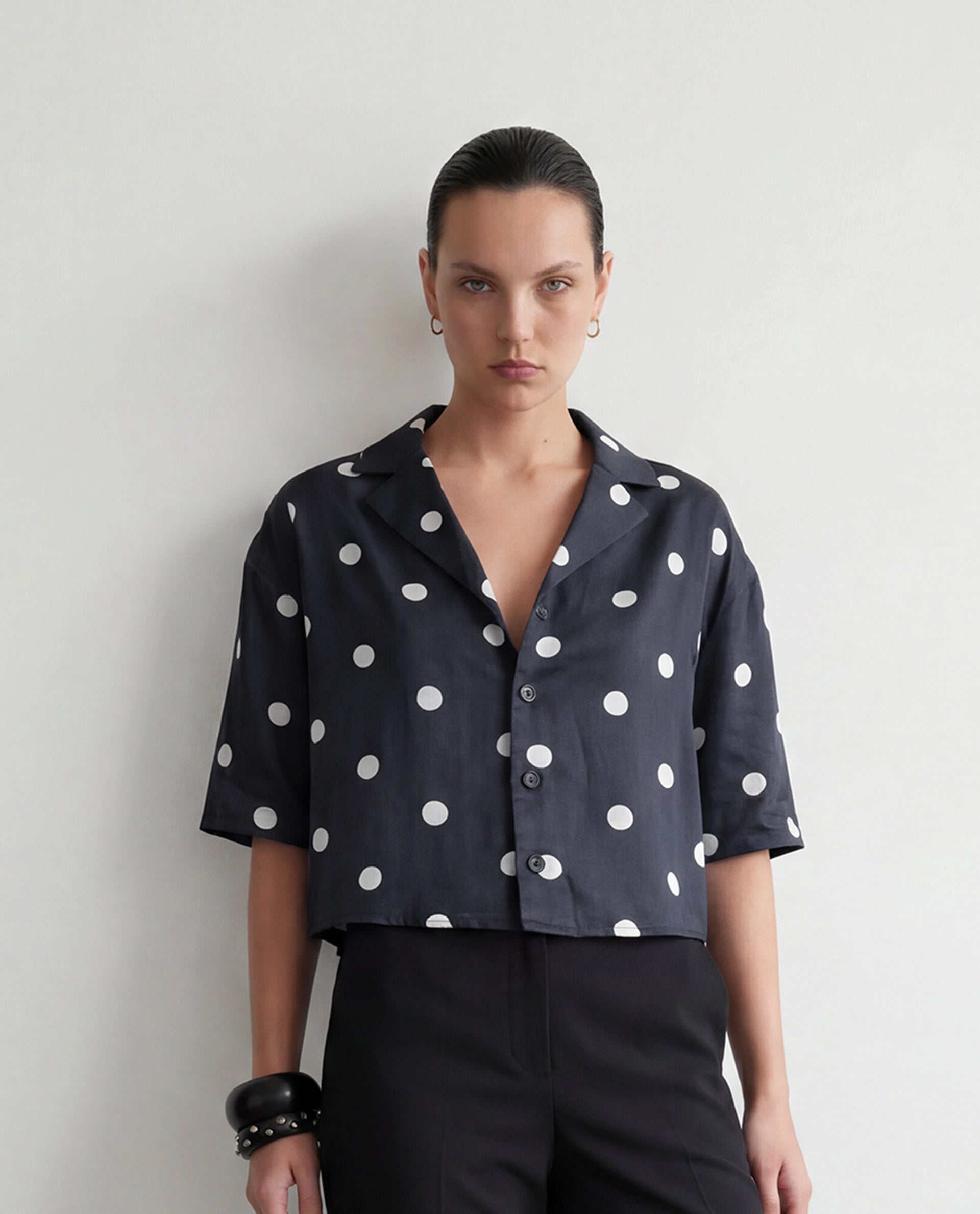 Rareism Women's Polbo Black Cotton Blend Lapel Neck Button Regular Polka Print Top