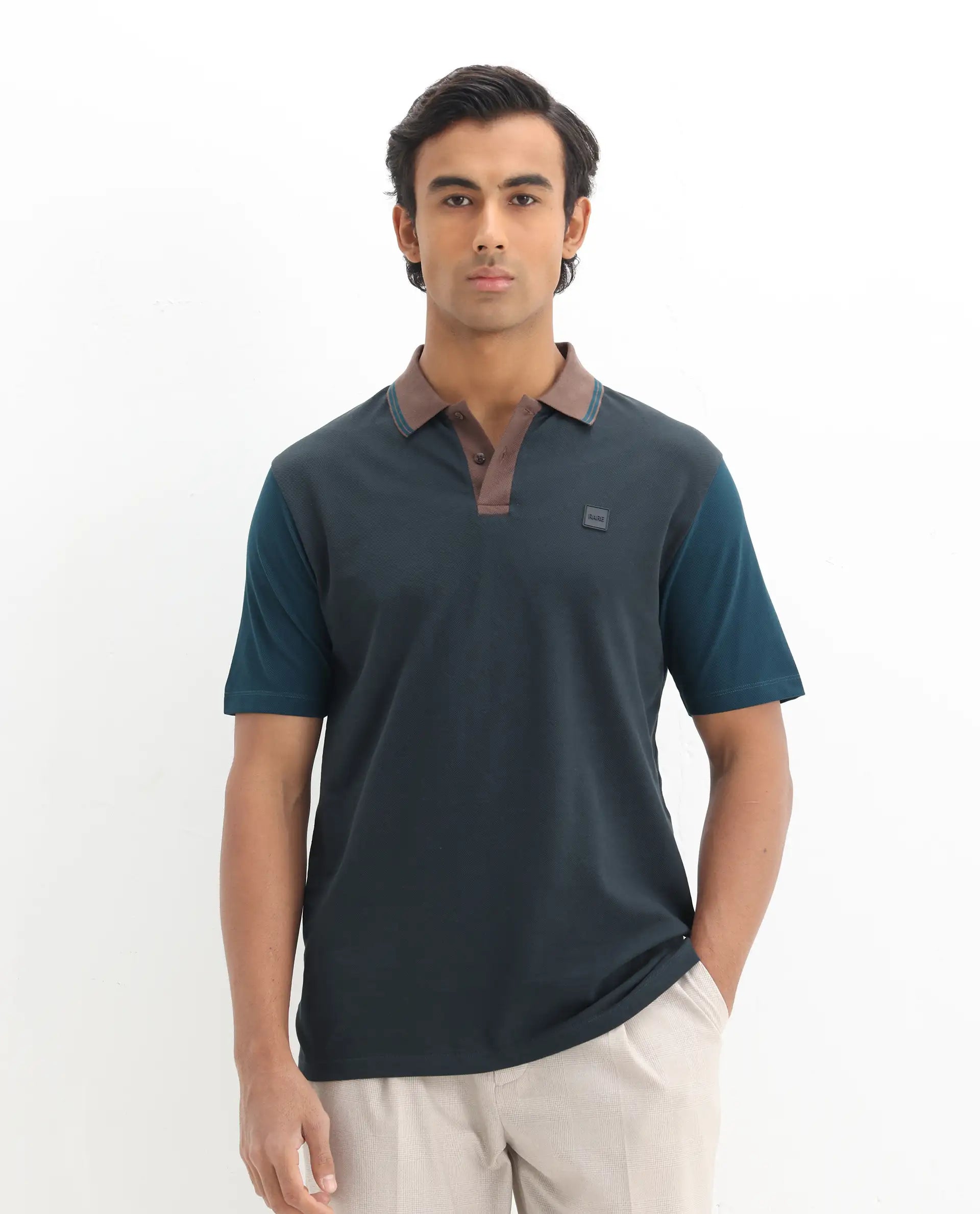 Rare Rabbit Men's Polf Dark Grey Cotton Plain Regular Fit Half Sleeve Polo