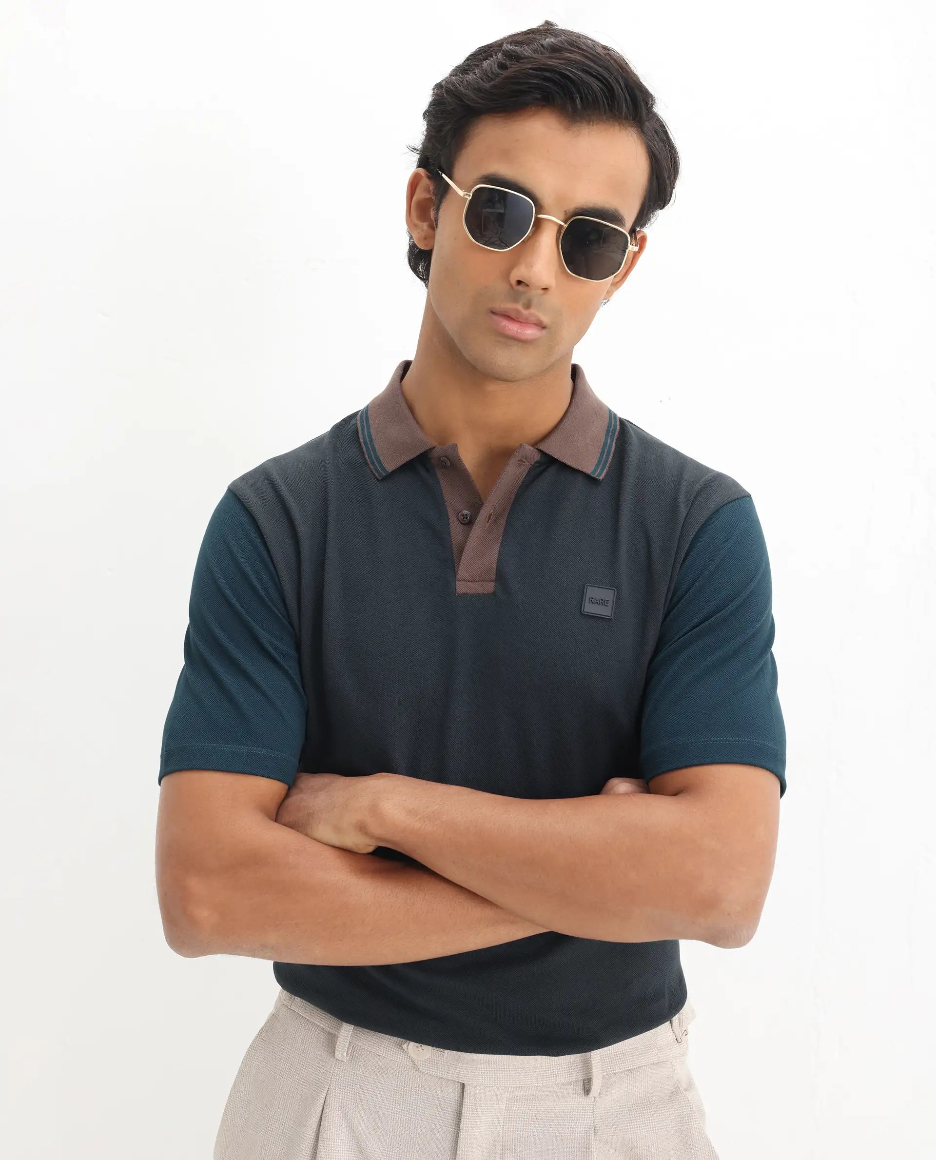 Rare Rabbit Men's Polf Dark Grey Cotton Plain Regular Fit Half Sleeve Polo