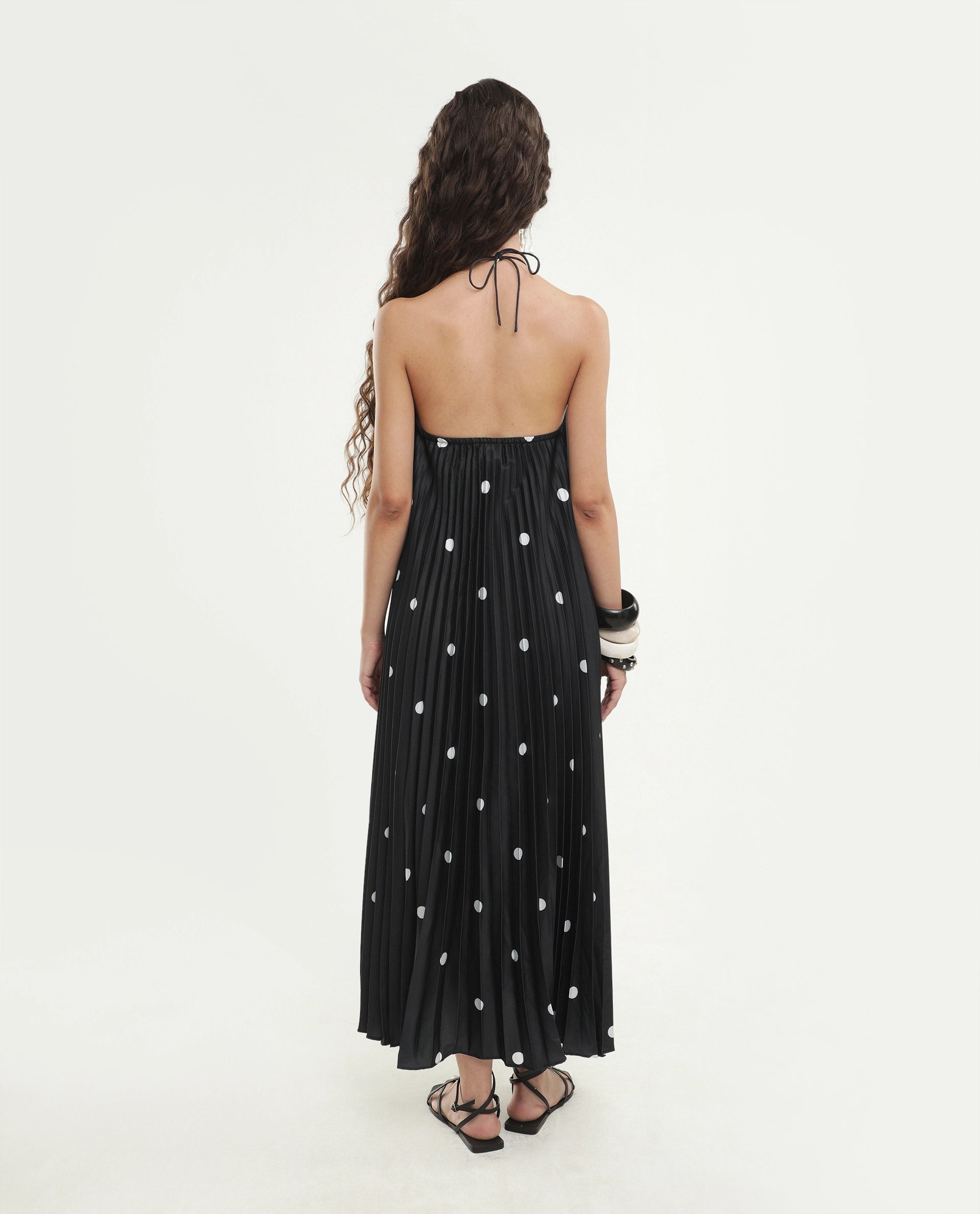 Rareism Women's Poli Black Polyester Halter Neck Button And Zip A-Line Polka Print Dress