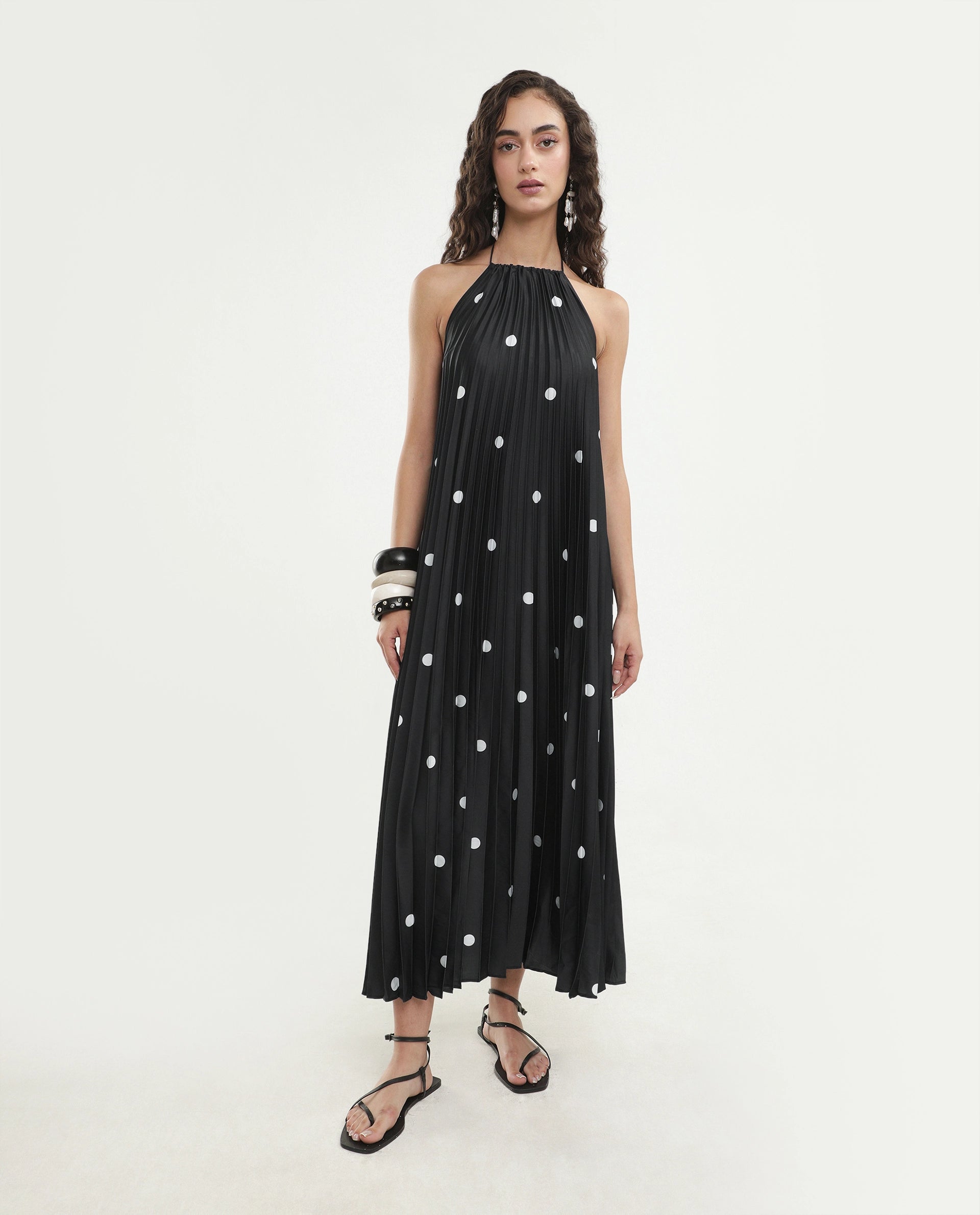 Rareism Women's Poli Black Polyester Halter Neck Button And Zip A-Line Polka Print Dress