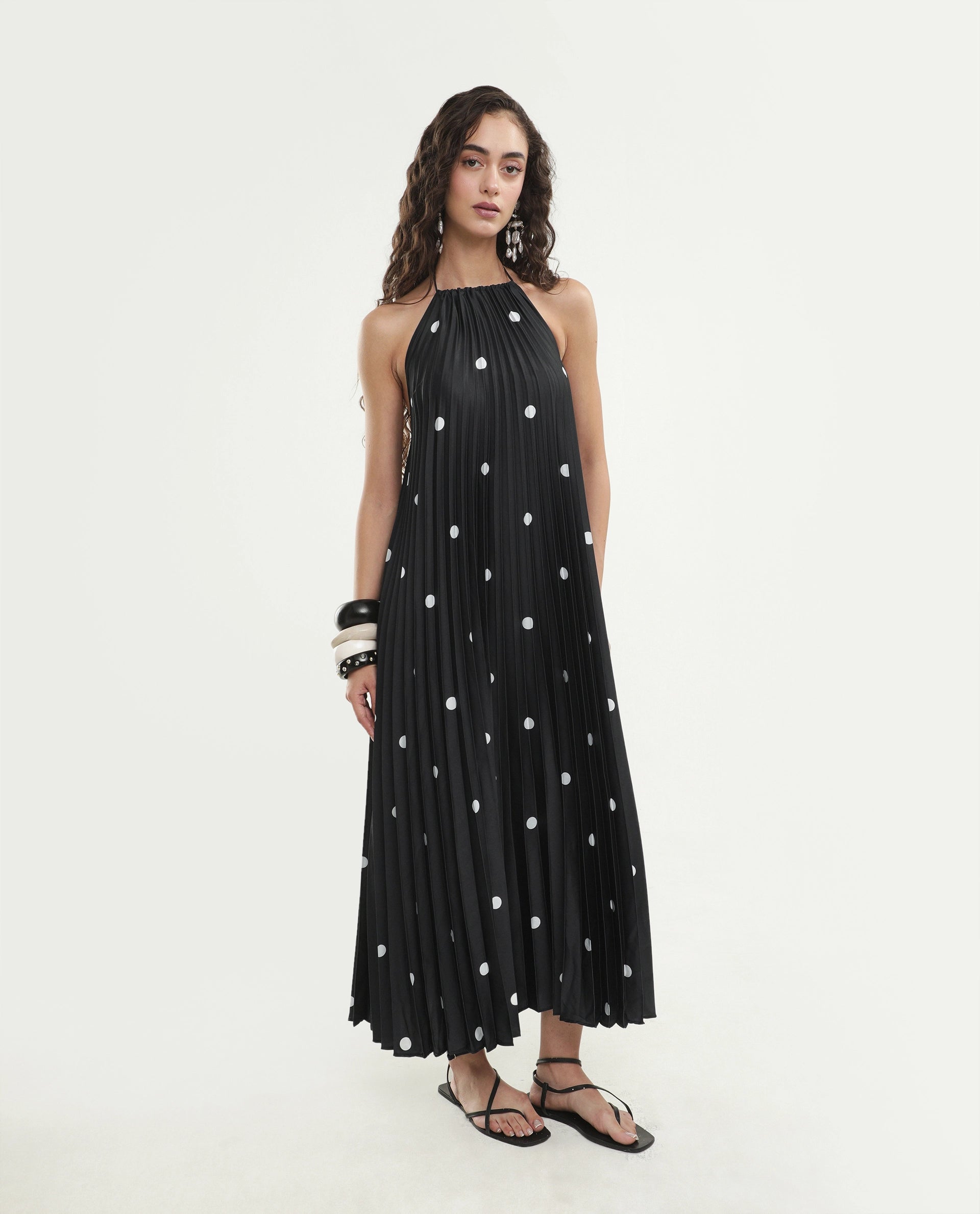Rareism Women's Poli Black Polyester Halter Neck Button And Zip A-Line Polka Print Dress