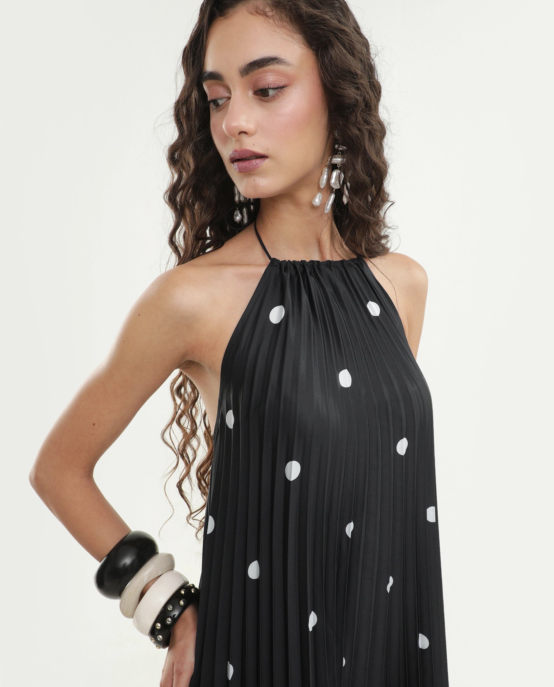 Rareism Women's Poli Black Polyester Halter Neck Button And Zip A-Line Polka Print Dress