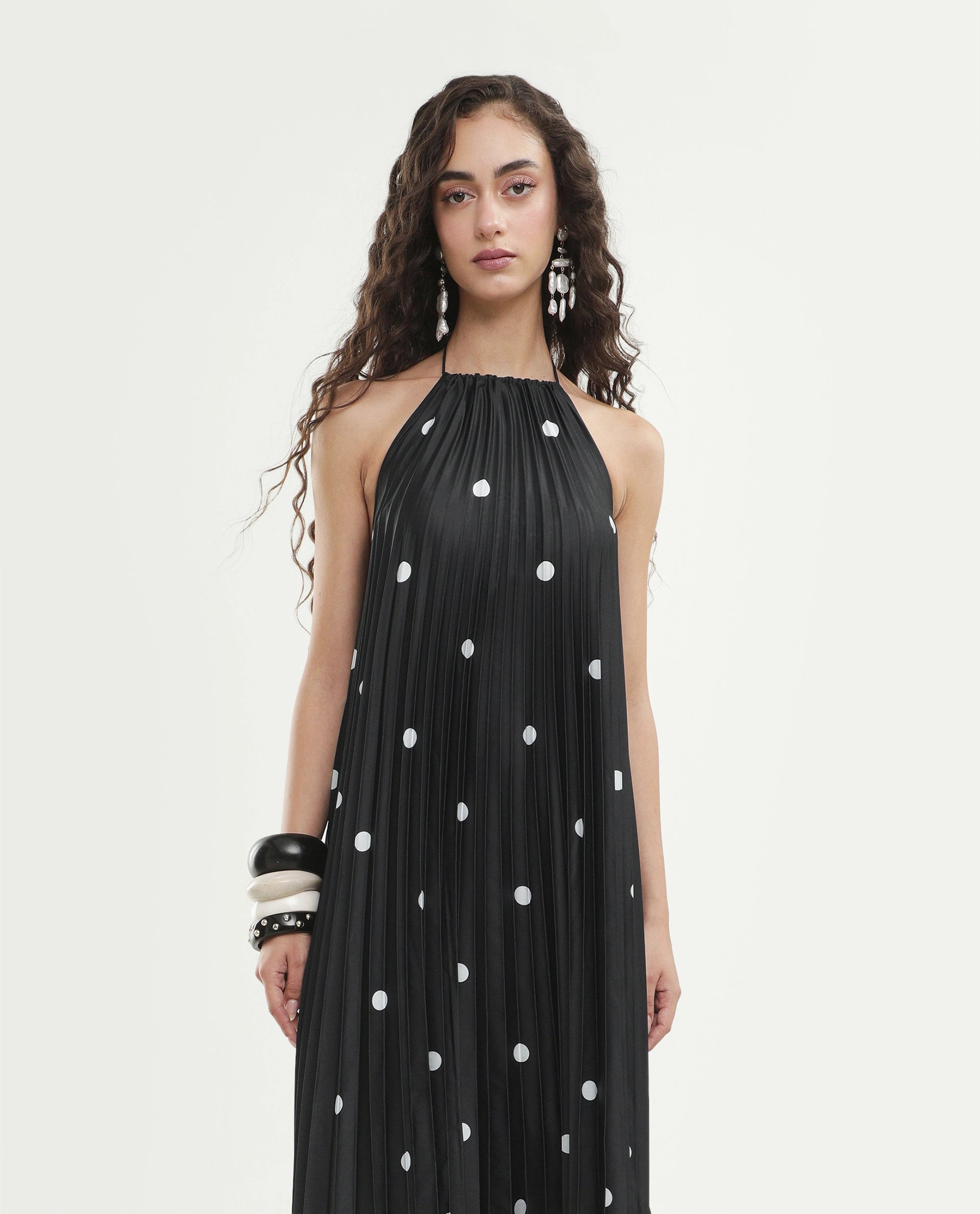 Rareism Women's Poli Black Polyester Halter Neck Button And Zip A-Line Polka Print Dress