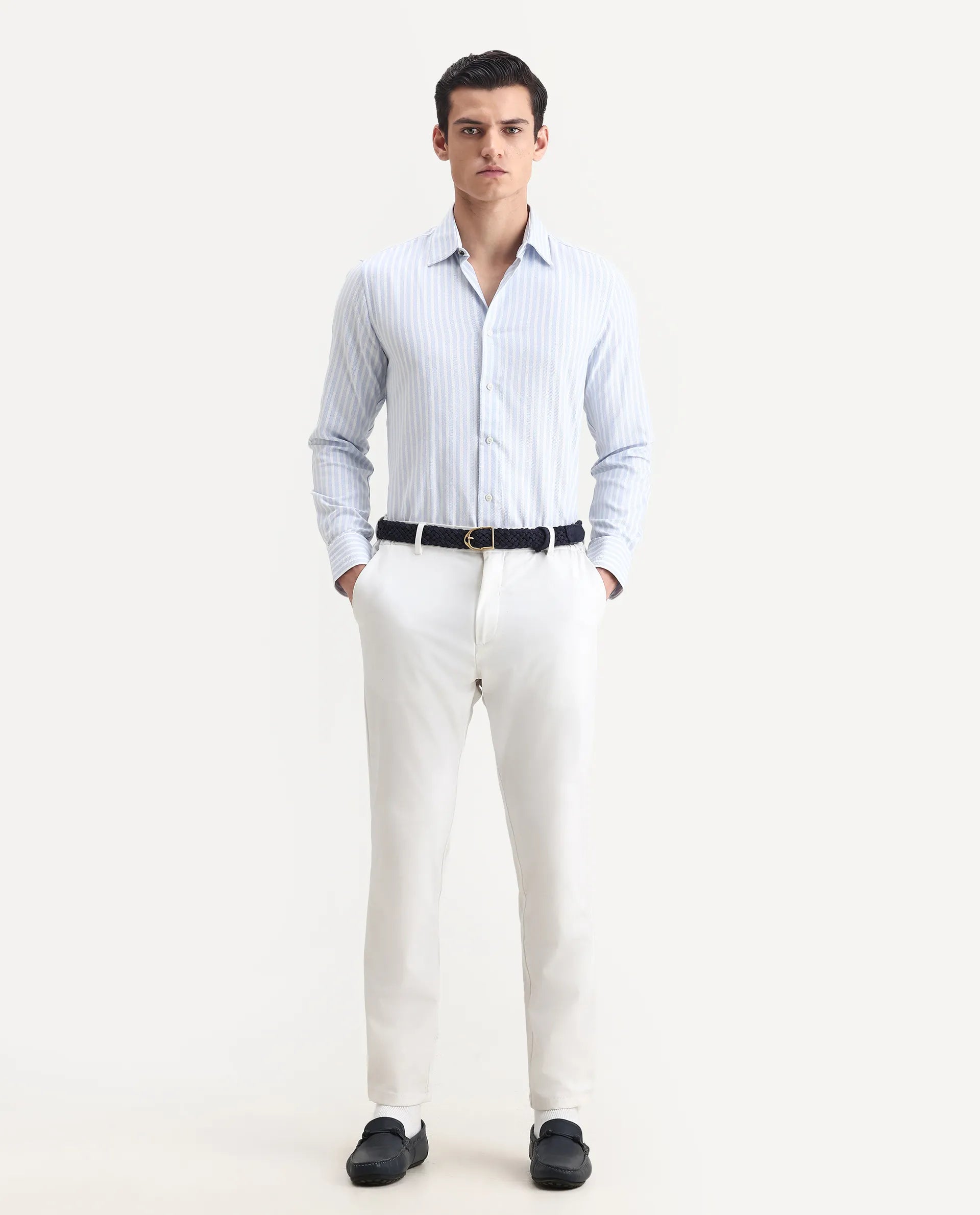 Rare Rabbit Men's Polic Blue Cotton Striped Print Regular Fit Full Sleeve Collared Shirt