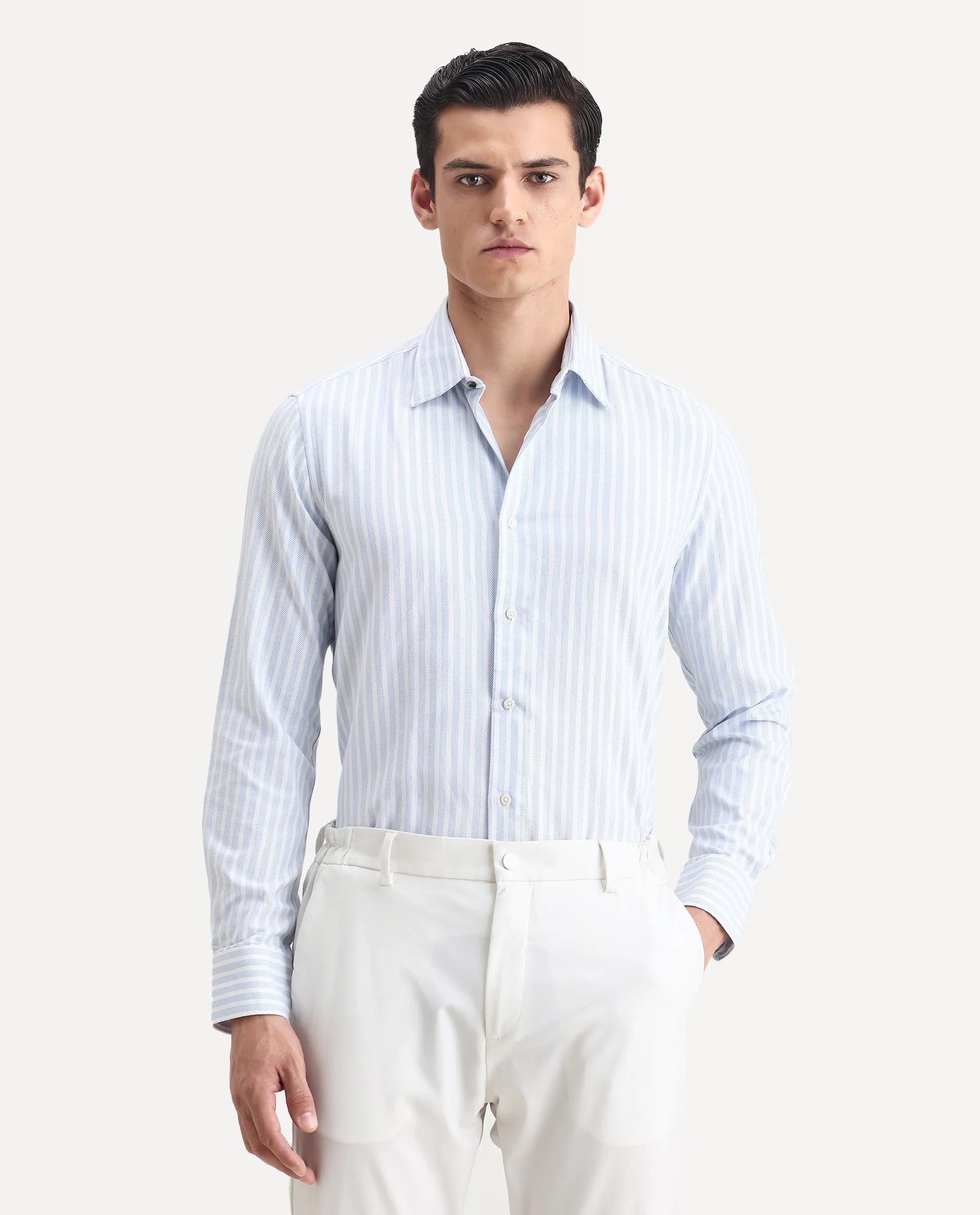 Rare Rabbit Men's Polic Blue Cotton Striped Print Regular Fit Full Sleeve Collared Shirt