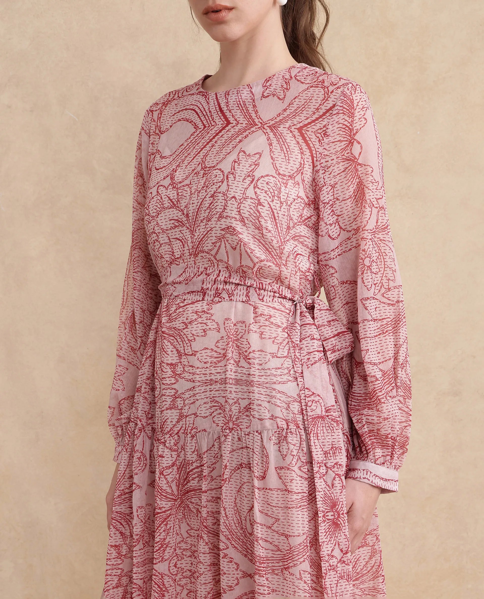 Rareism Women's Polima Multi Cotton Fabric Round Neck Tie-Up Closure Bishop Sleeve Abstract Flared Midi Dress