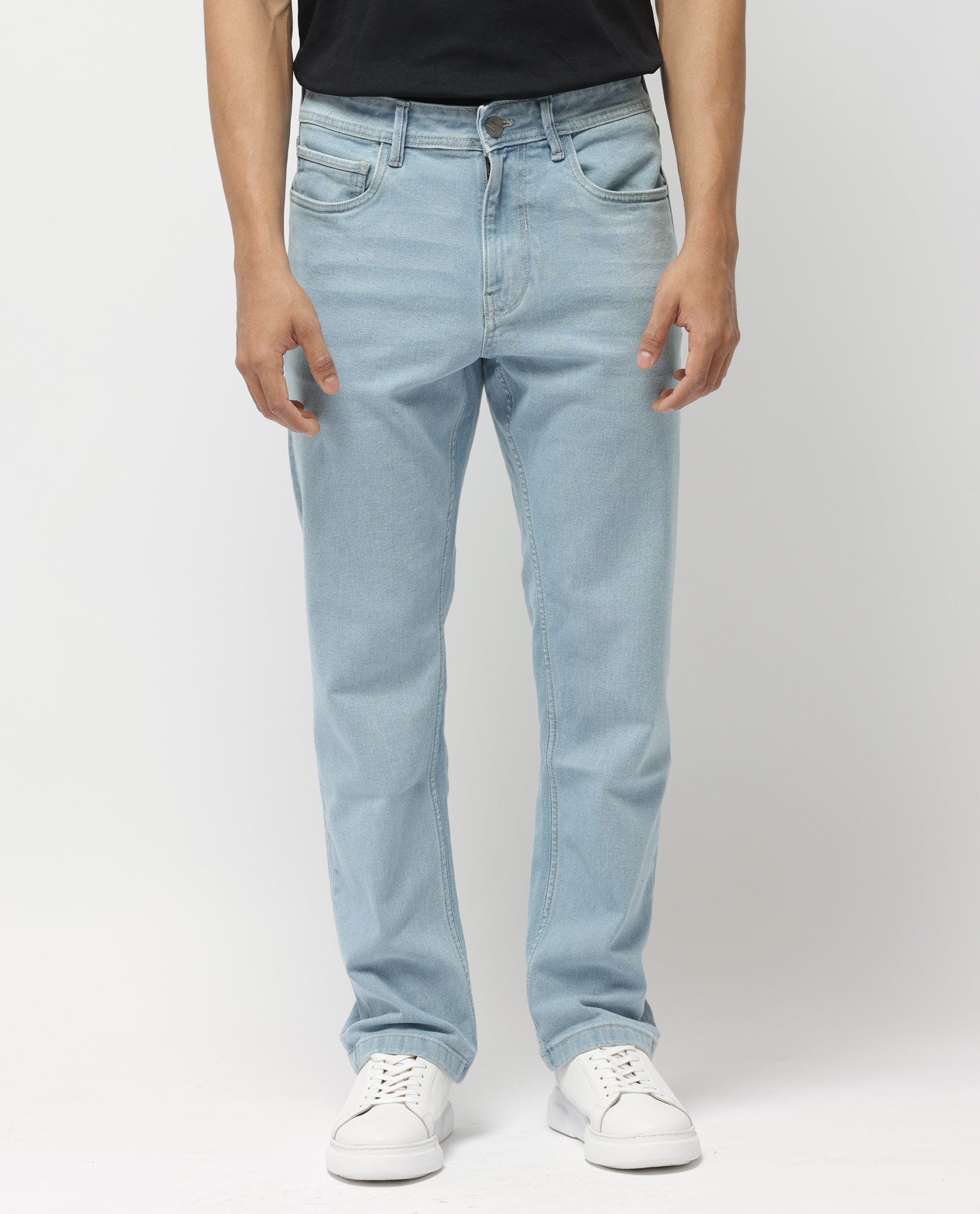 Rare Rabbit Men's Polin Pastel Blue Ice Wash Mid-Rise Regular Fit Jeans