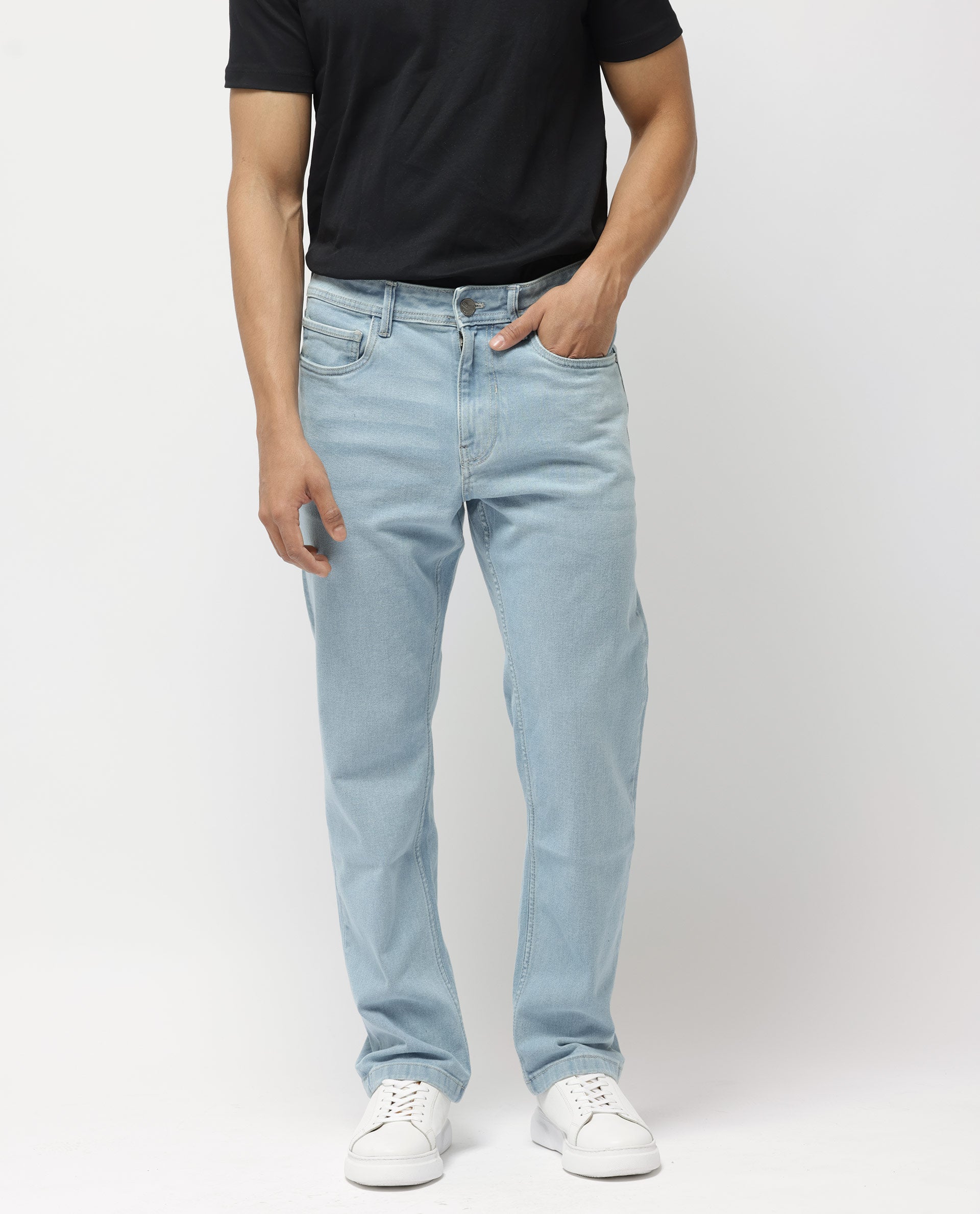 Rare Rabbit Men's Polin Pastel Blue Ice Wash Mid-Rise Regular Fit Jeans