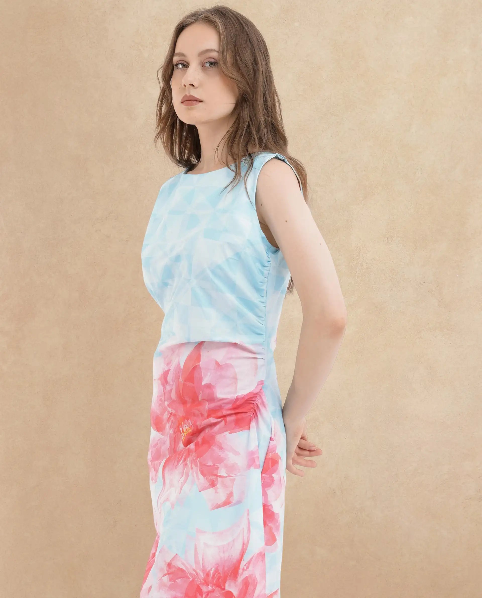 Rareism Women's Polina Blue Cotton Blend Boat Neck Floral Print Sleeveless Midi A-Line Dress