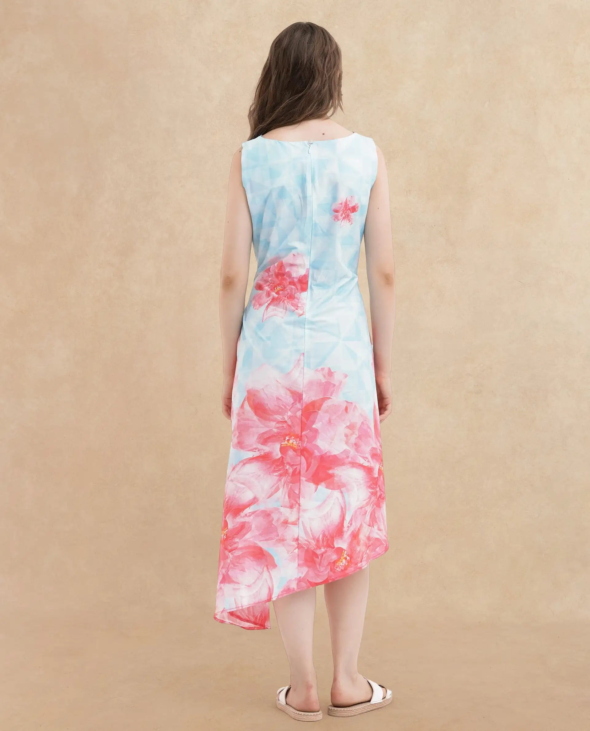 Rareism Women's Polina Blue Cotton Blend Boat Neck Floral Print Sleeveless Midi A-Line Dress