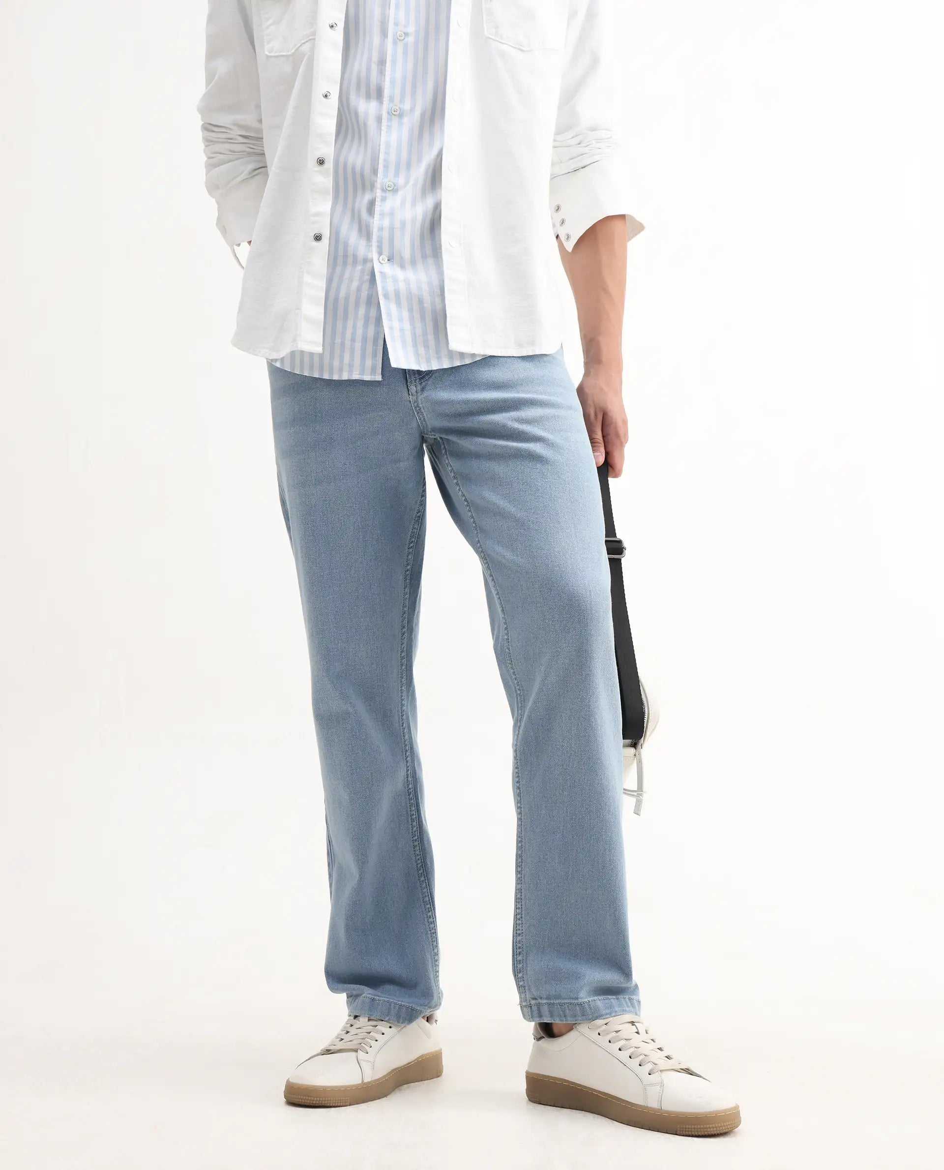 Rare Rabbit Men's Polin Light Blue Cotton Plain Morris Regular Fit Jeans