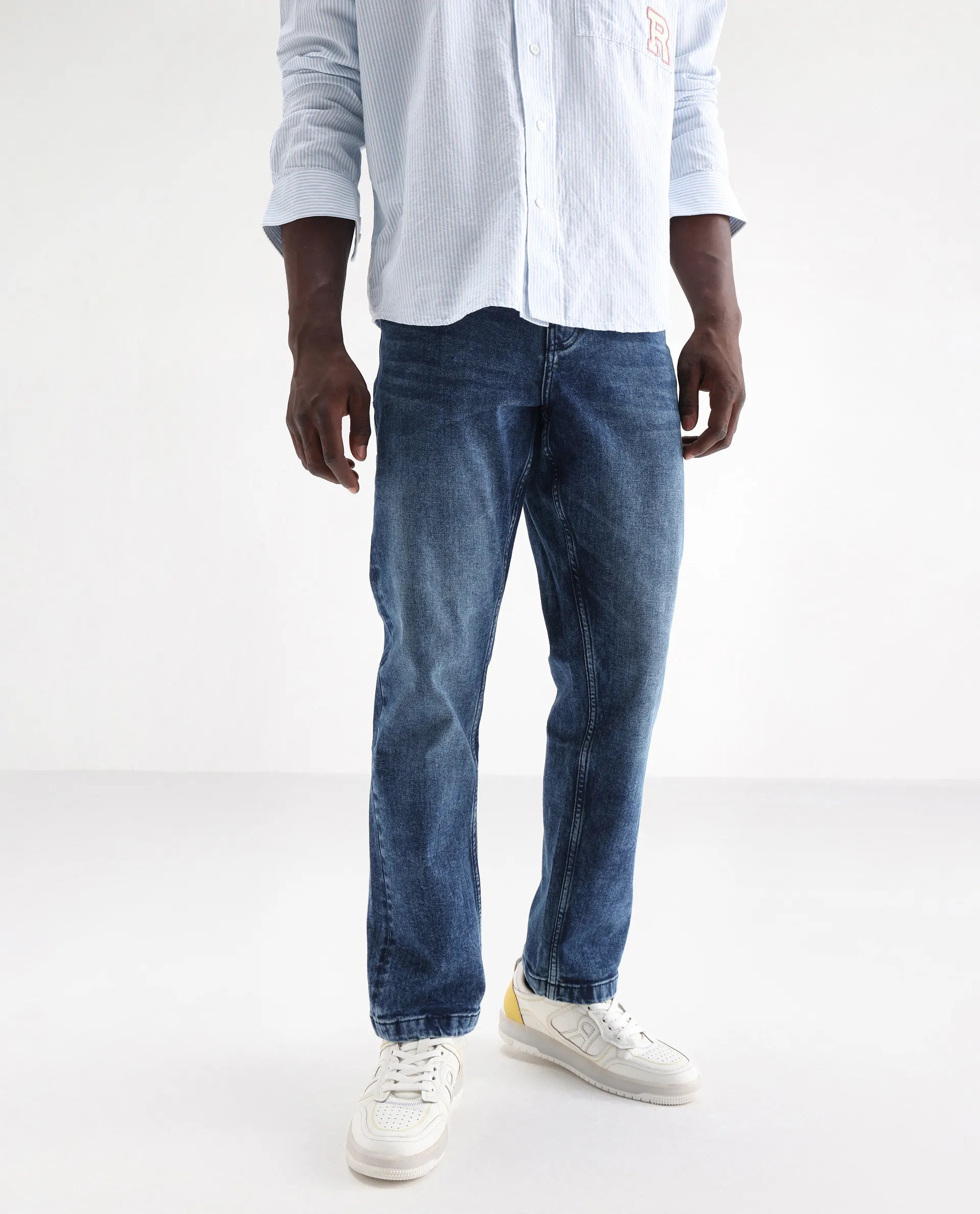 Rare Rabbit Men's Polin Dusky Blue Cotton Plain Morris Regular Fit Jeans