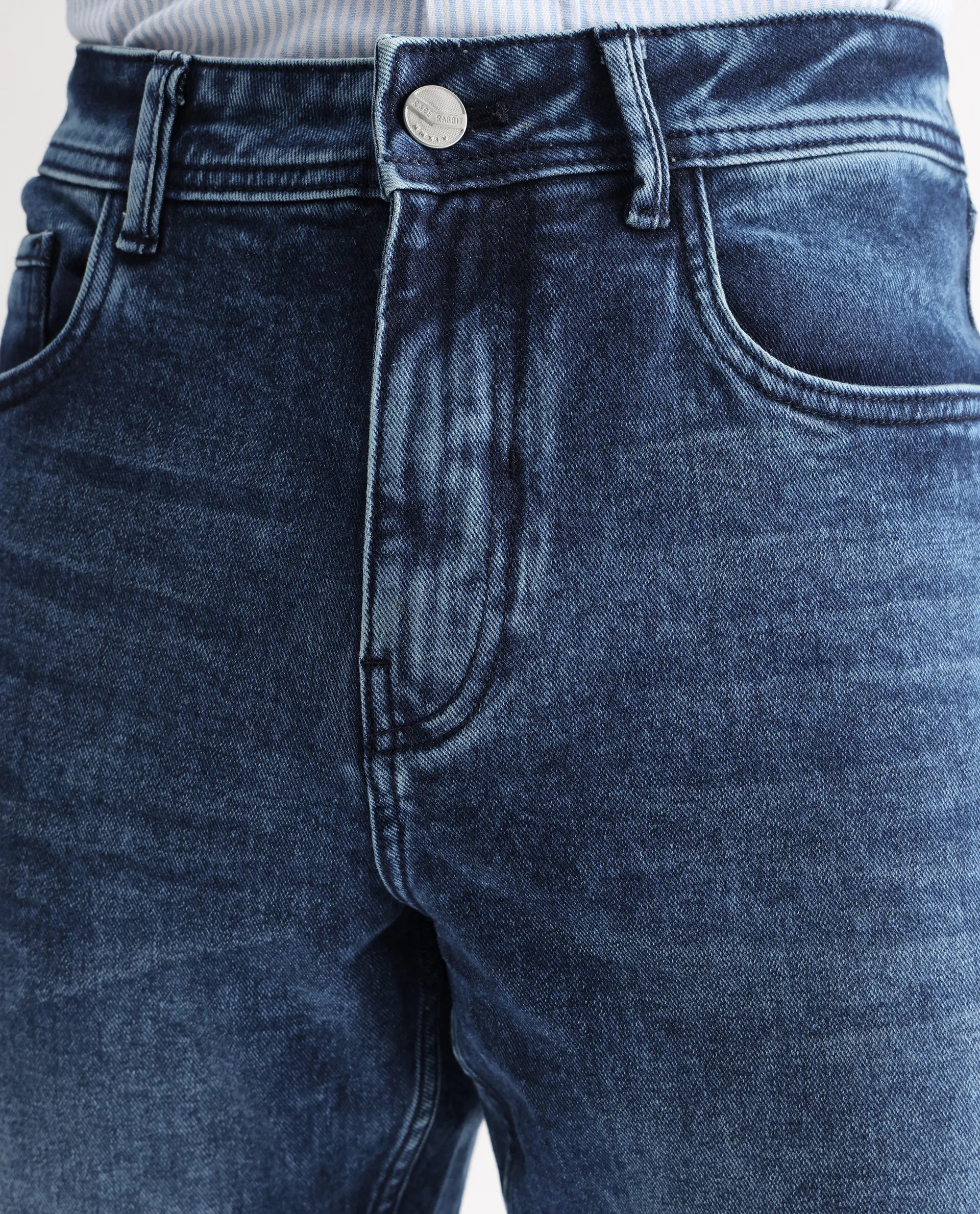 Rare Rabbit Men's Polin Dusky Blue Cotton Plain Morris Regular Fit Jeans